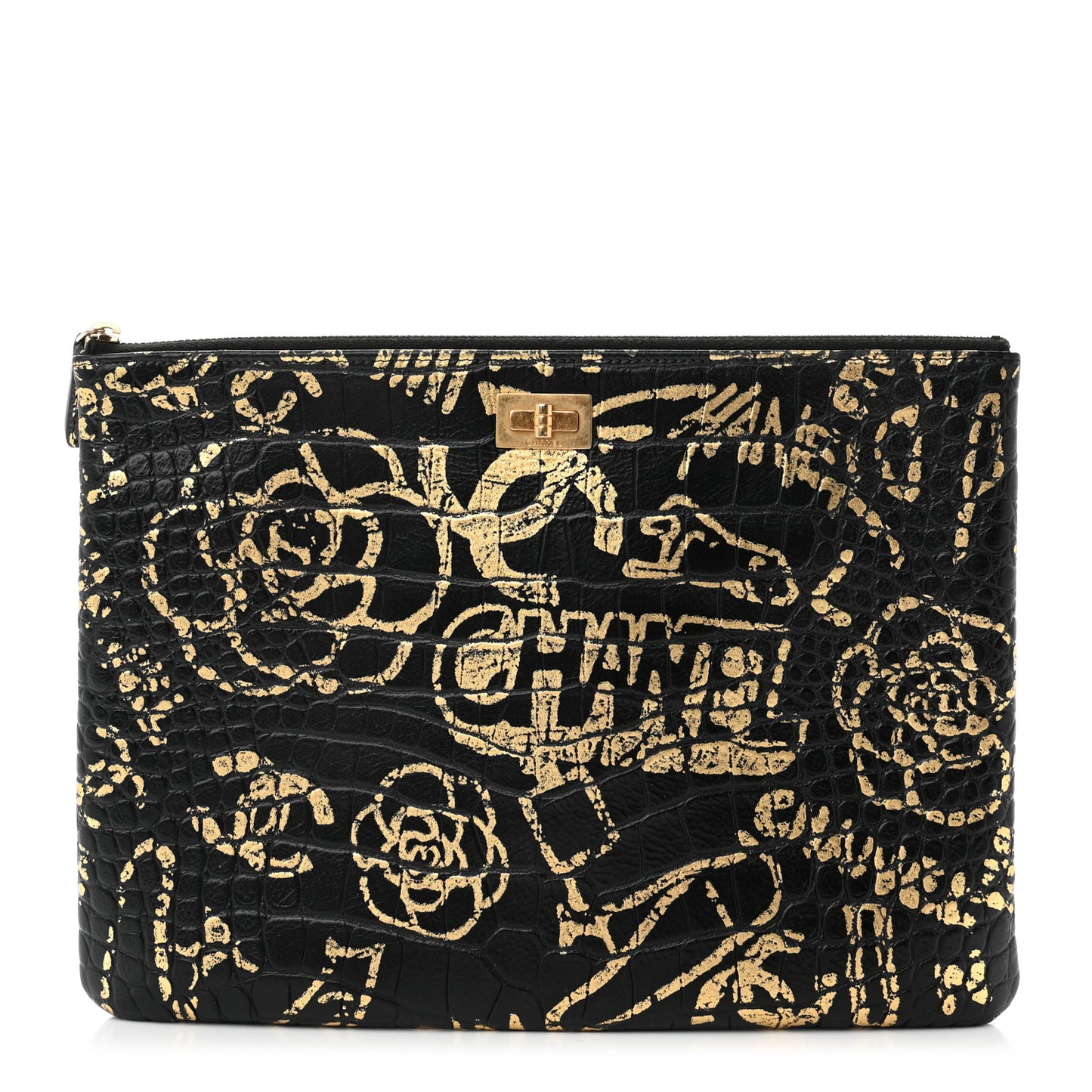 Calfskin Crocodile Embossed Graffiti 2.55 Medium Cocodile Reissue Cosmetic Case Black Gold