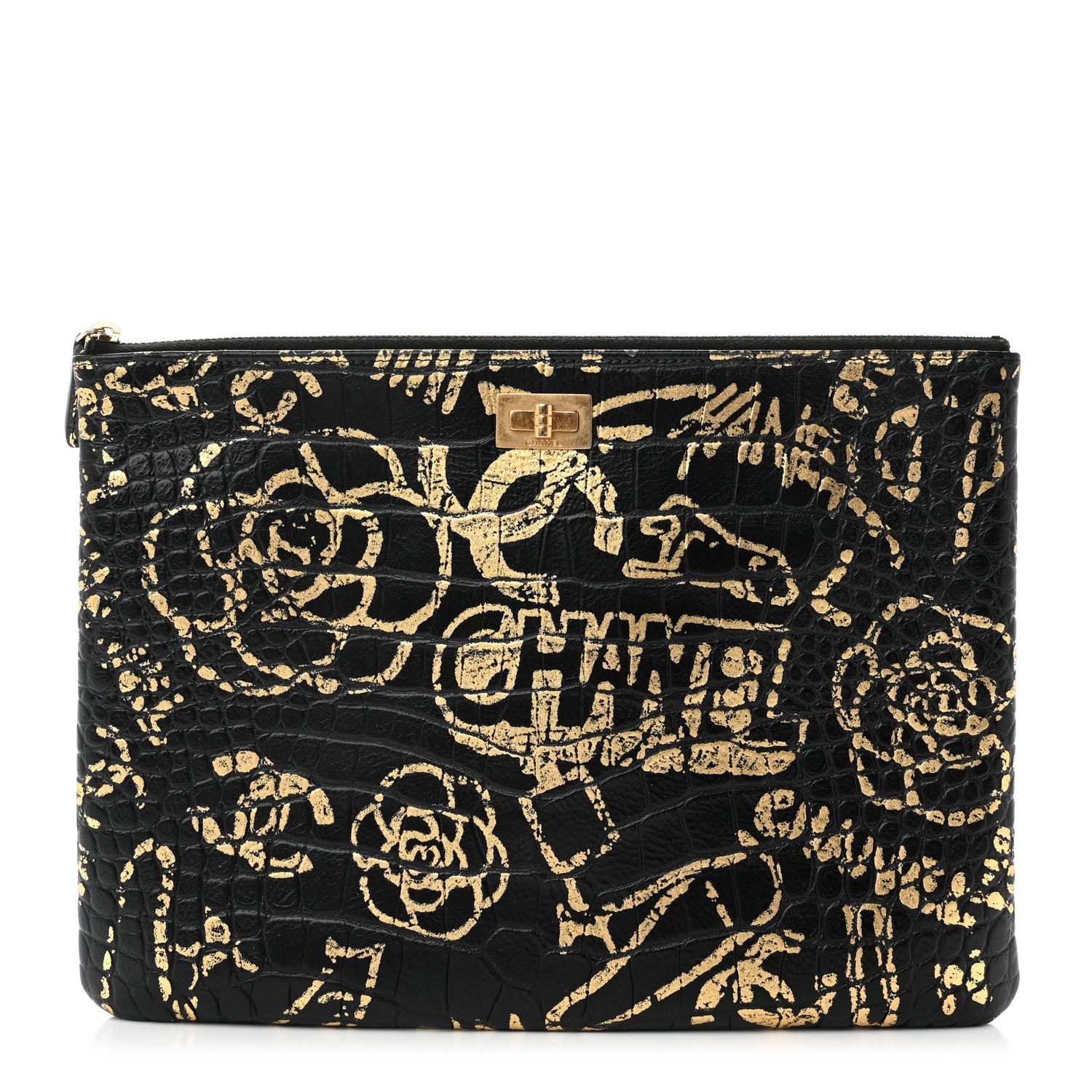 Chanel Calfskin Crocodile Embossed Graffiti 2.55 Medium Cocodile Reissue Cosmetic Case Black Gold 1 of 7
