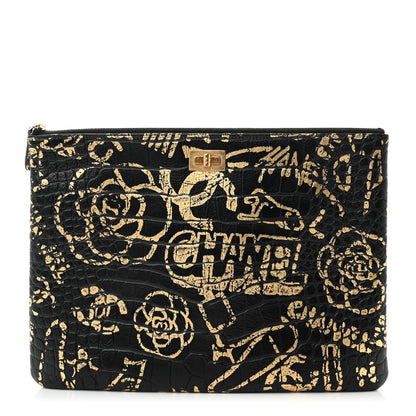Chanel Calfskin Crocodile Embossed Graffiti 2.55 Medium Cocodile Reissue Cosmetic Case Black Gold 1 of 7
