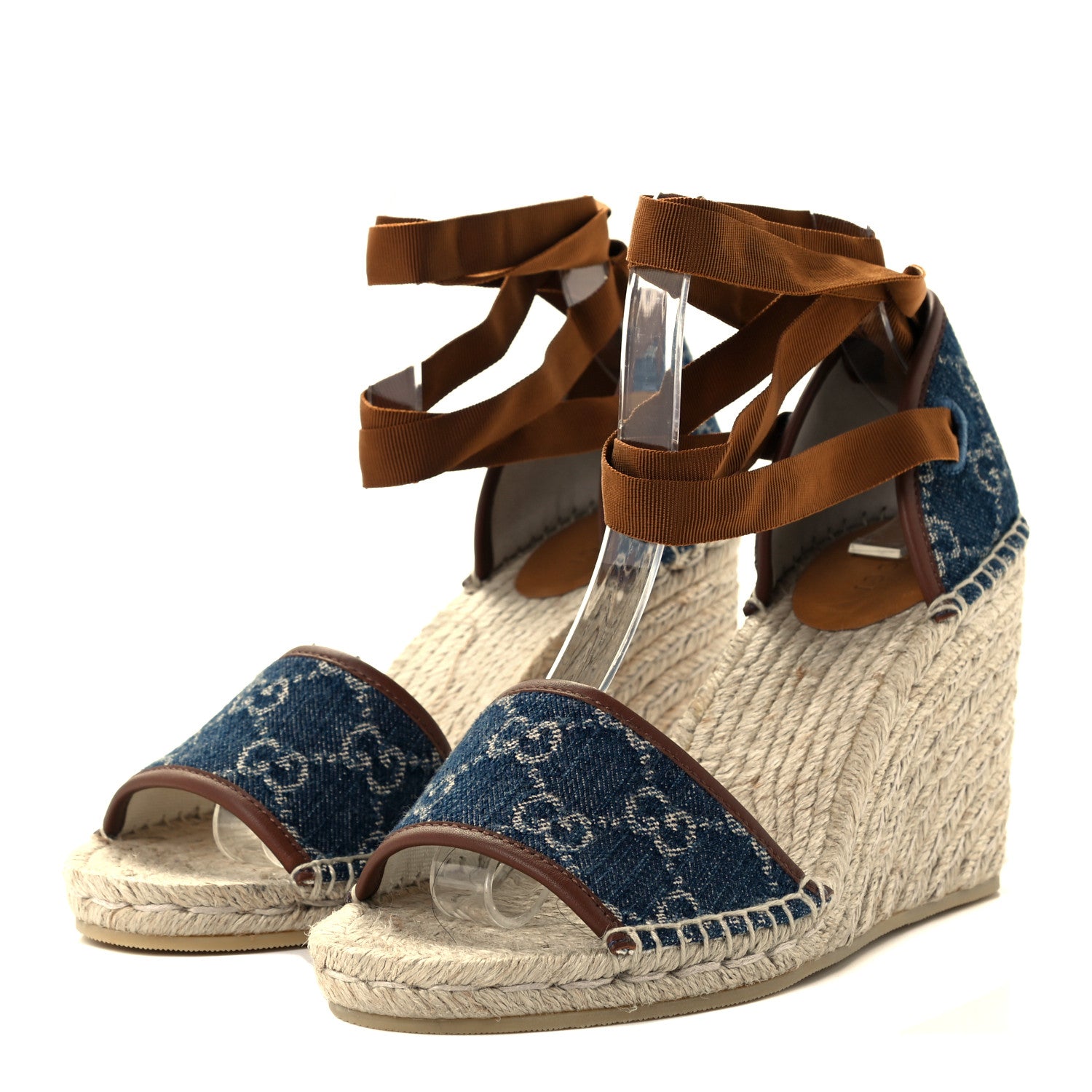 Gucci Denim GG Monogram Ankle Wrap Platform Espadrille Wedges 38.5 Blue Tea Cuir 2 of 14