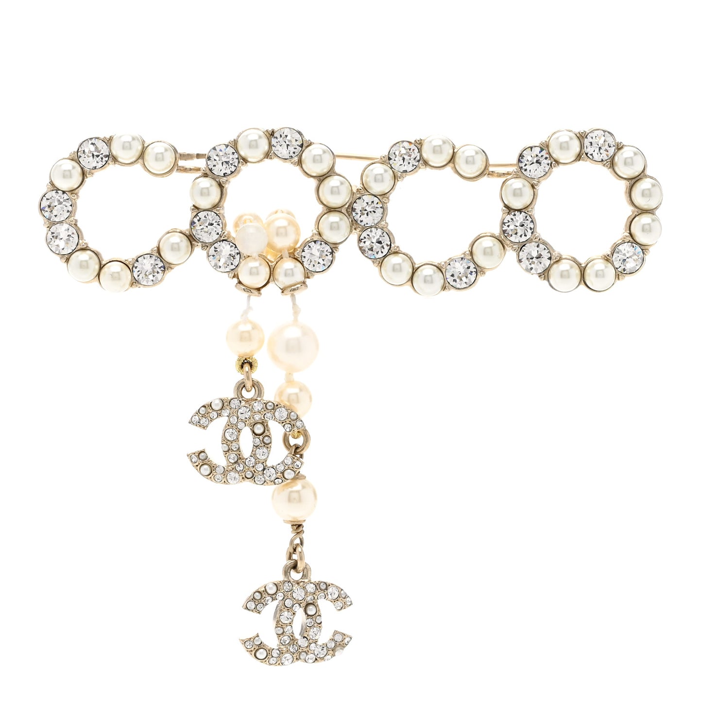 Pearl Crystal Coco Dangling Brooch Gold
