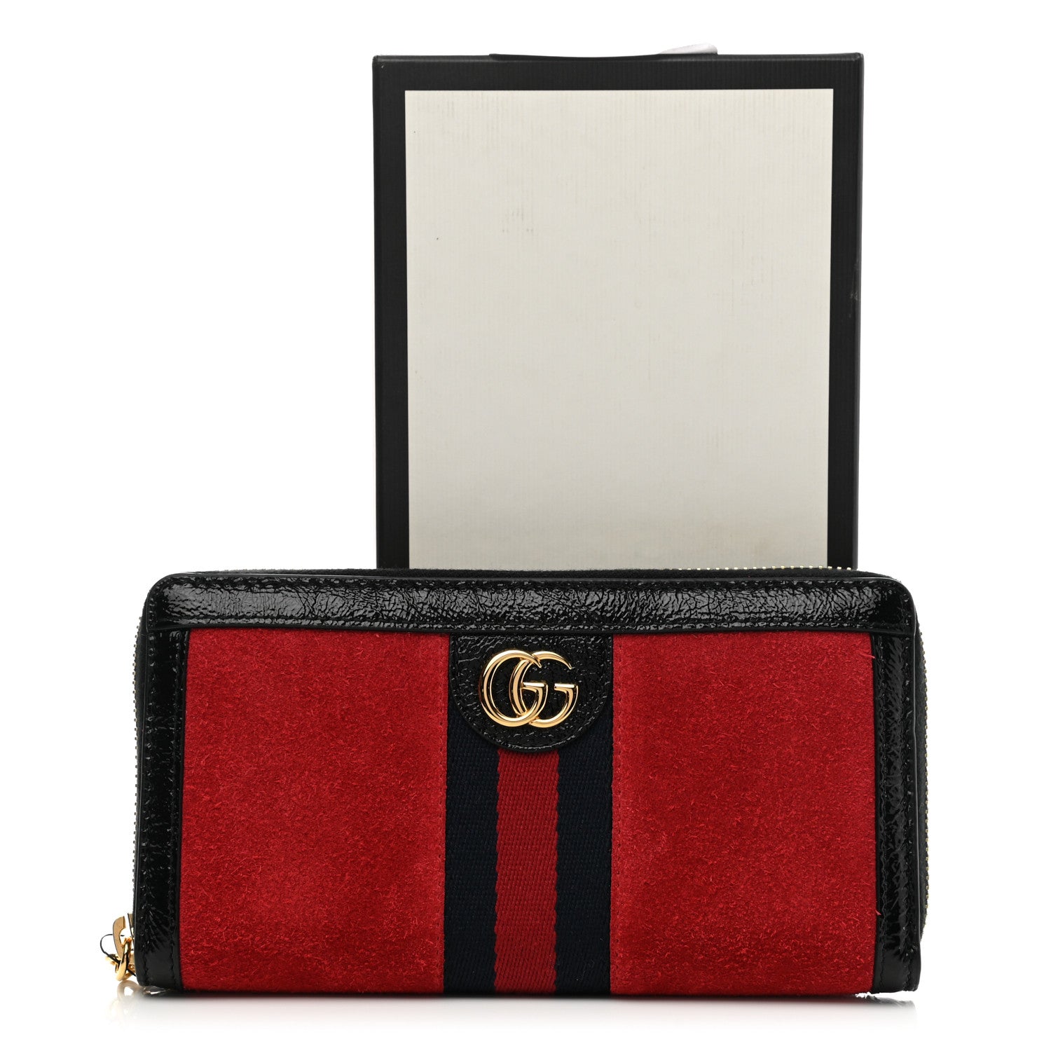 Gucci Suede Patent Web Ophidia Zip Around Wallet Hibiscus Red Black 8 of 8