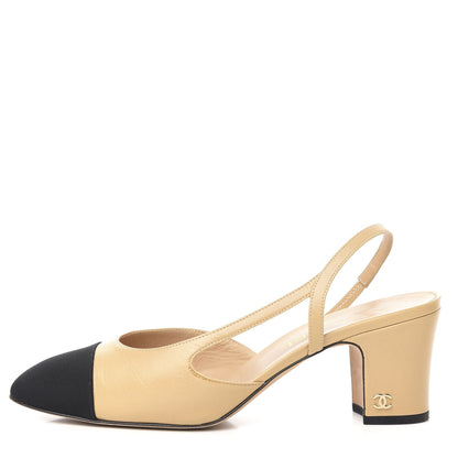 Chanel Goatskin Grosgrain Cap Toe CC Slingback Pumps 38.5 Beige Black 1 of 9