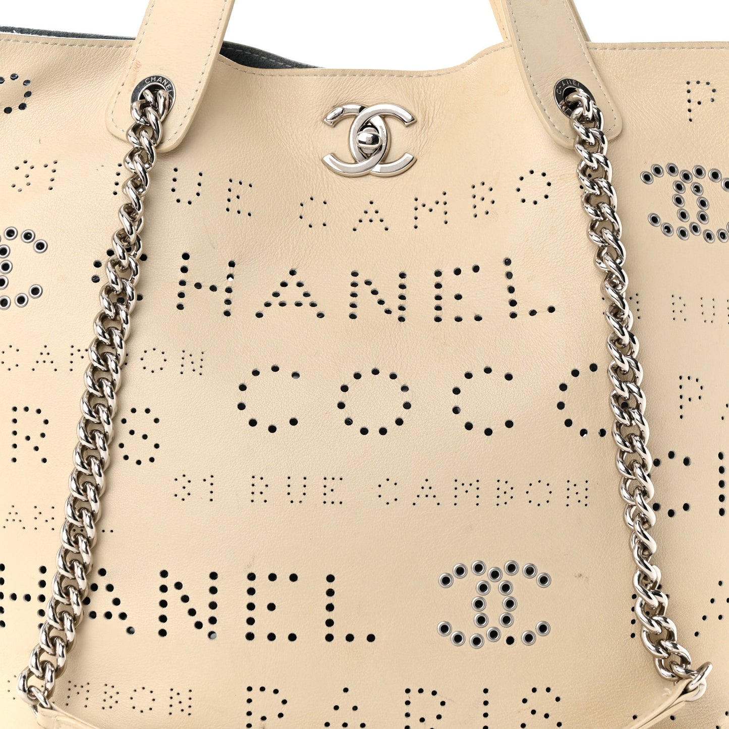 Calfskin Tweed Small Logo Eyelets Shopping Tote Beige