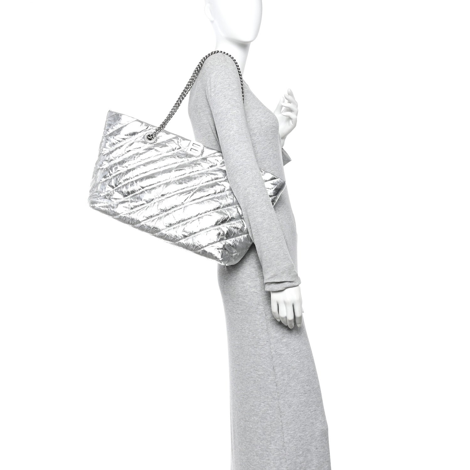 Balenciaga Metallic Crushed Calfskin Quilted Medium Crush Carry All Tote Bag Silver 2 of 9