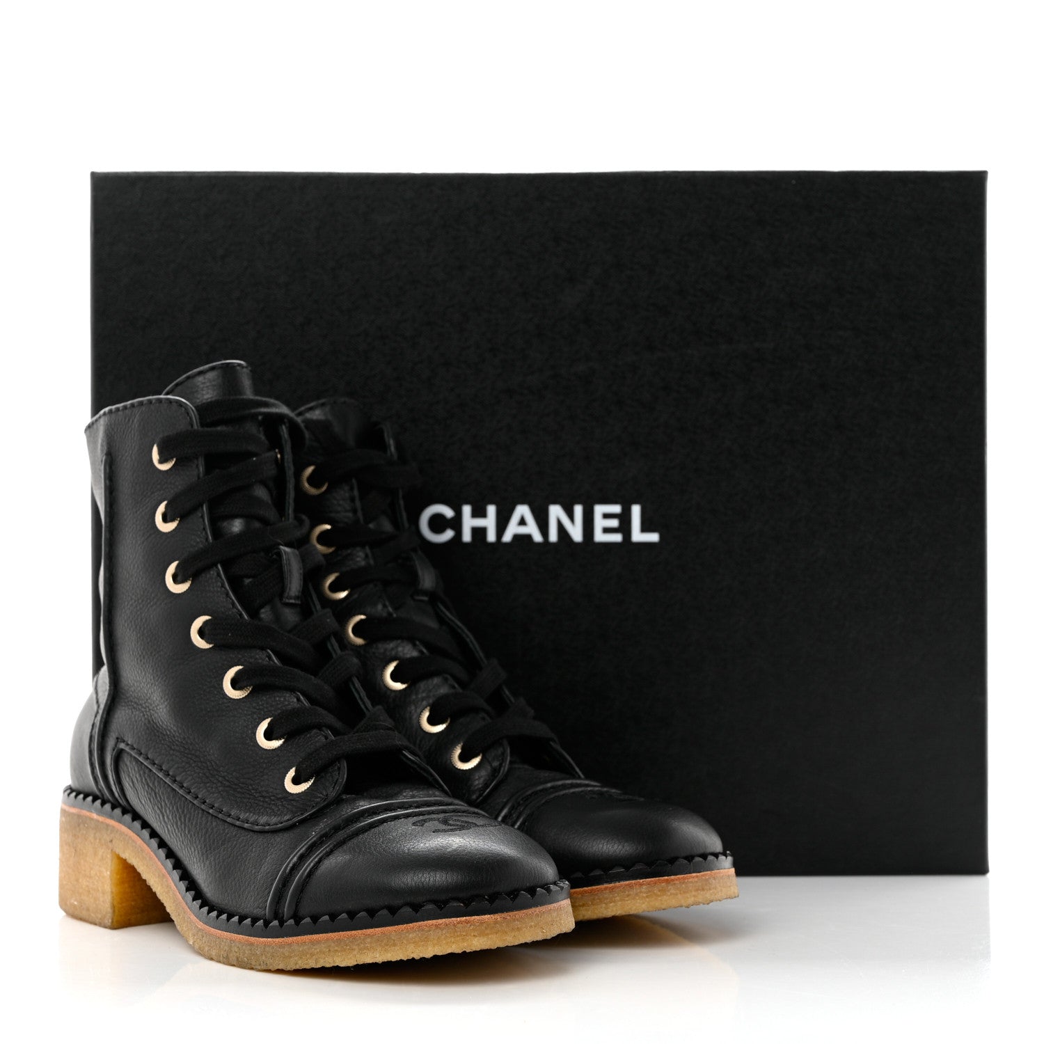 Chanel Calfskin Lace Up Combat Boots 37.5 Black 9 of 9