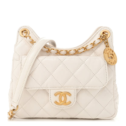 Chanel Shiny Crumpled Calfskin Quilted Small Wavy CC Hobo White 1 of 10