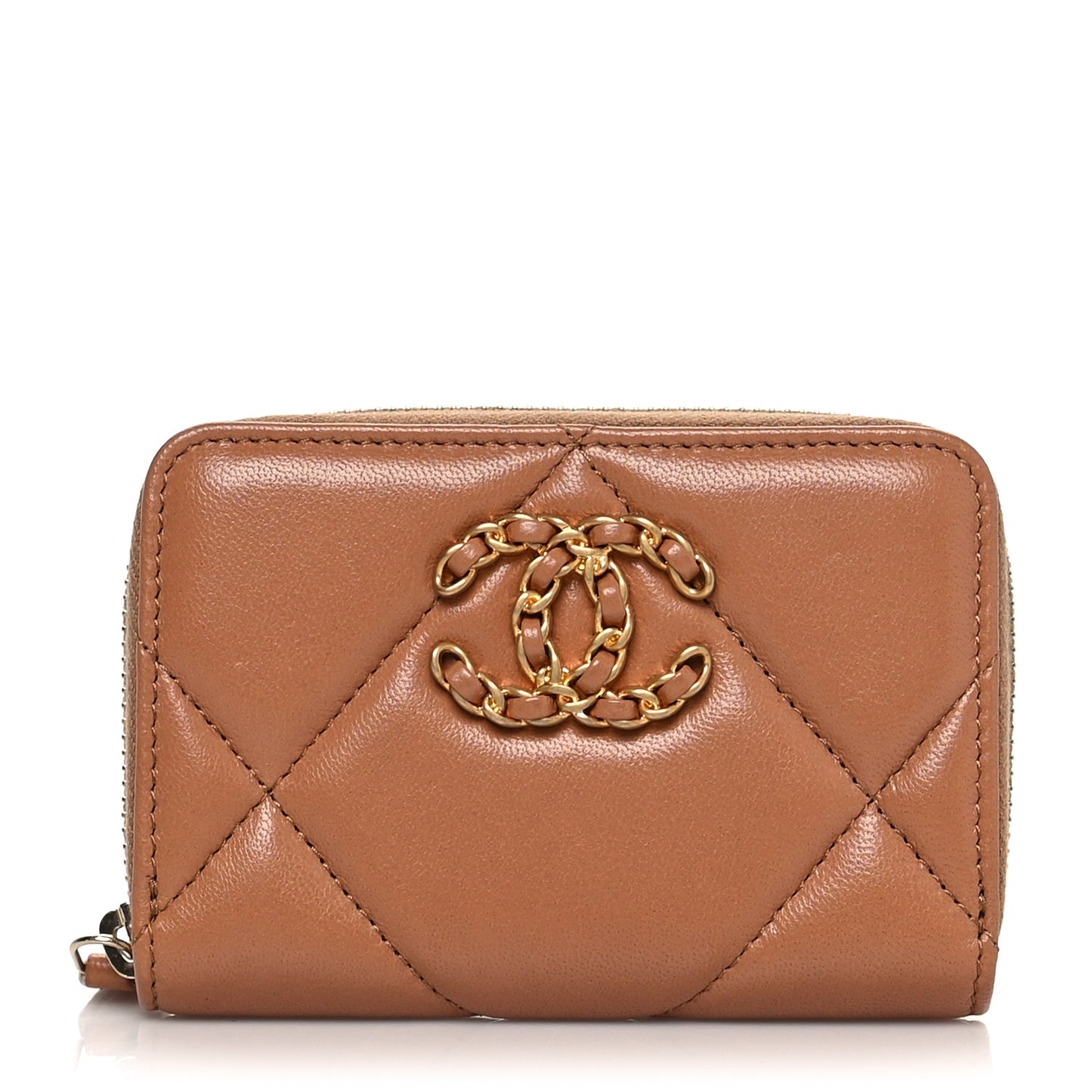 Lambskin Quilted Chanel 19 Zip Around Coin Purse Wallet Brown