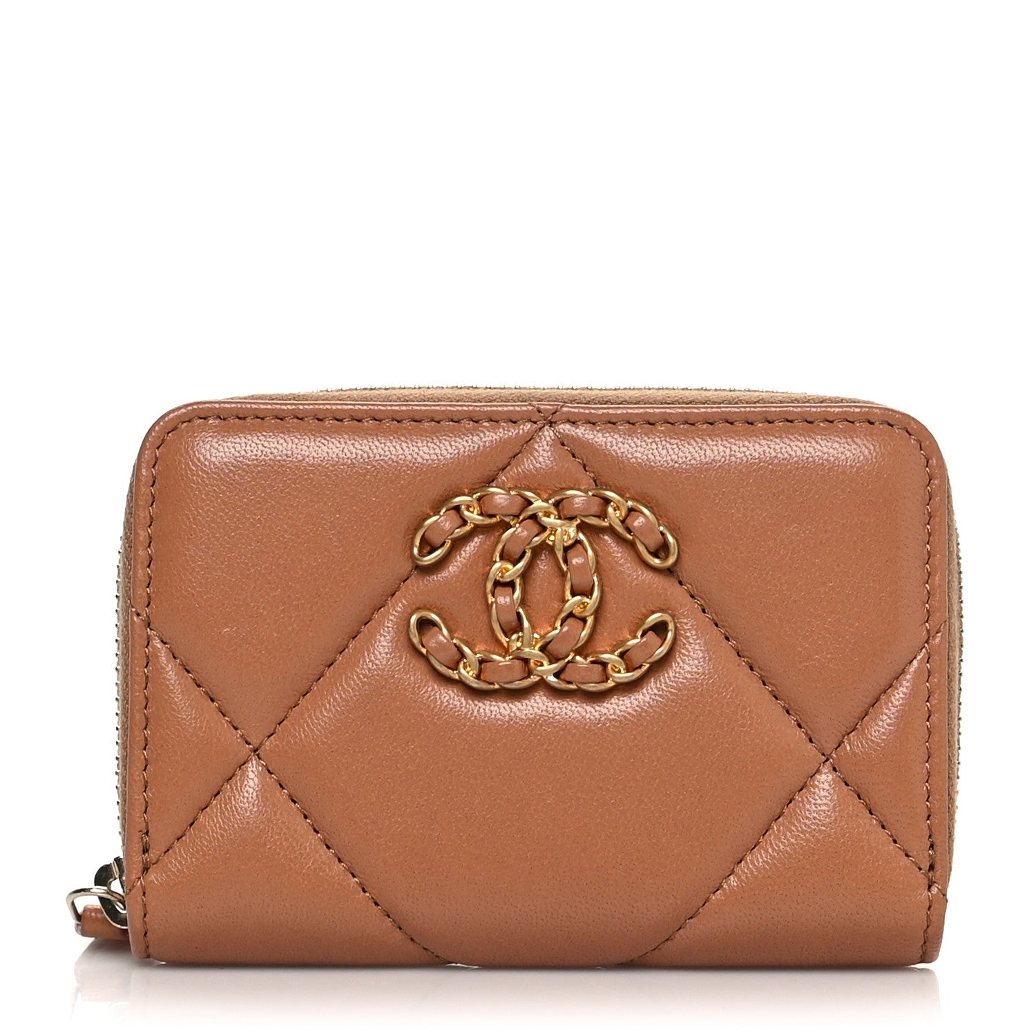 Chanel Lambskin Quilted Chanel 19 Zip Around Coin Purse Wallet Brown 1 of 8