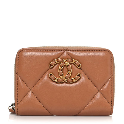 Chanel Lambskin Quilted Chanel 19 Zip Around Coin Purse Wallet Brown 1 of 8