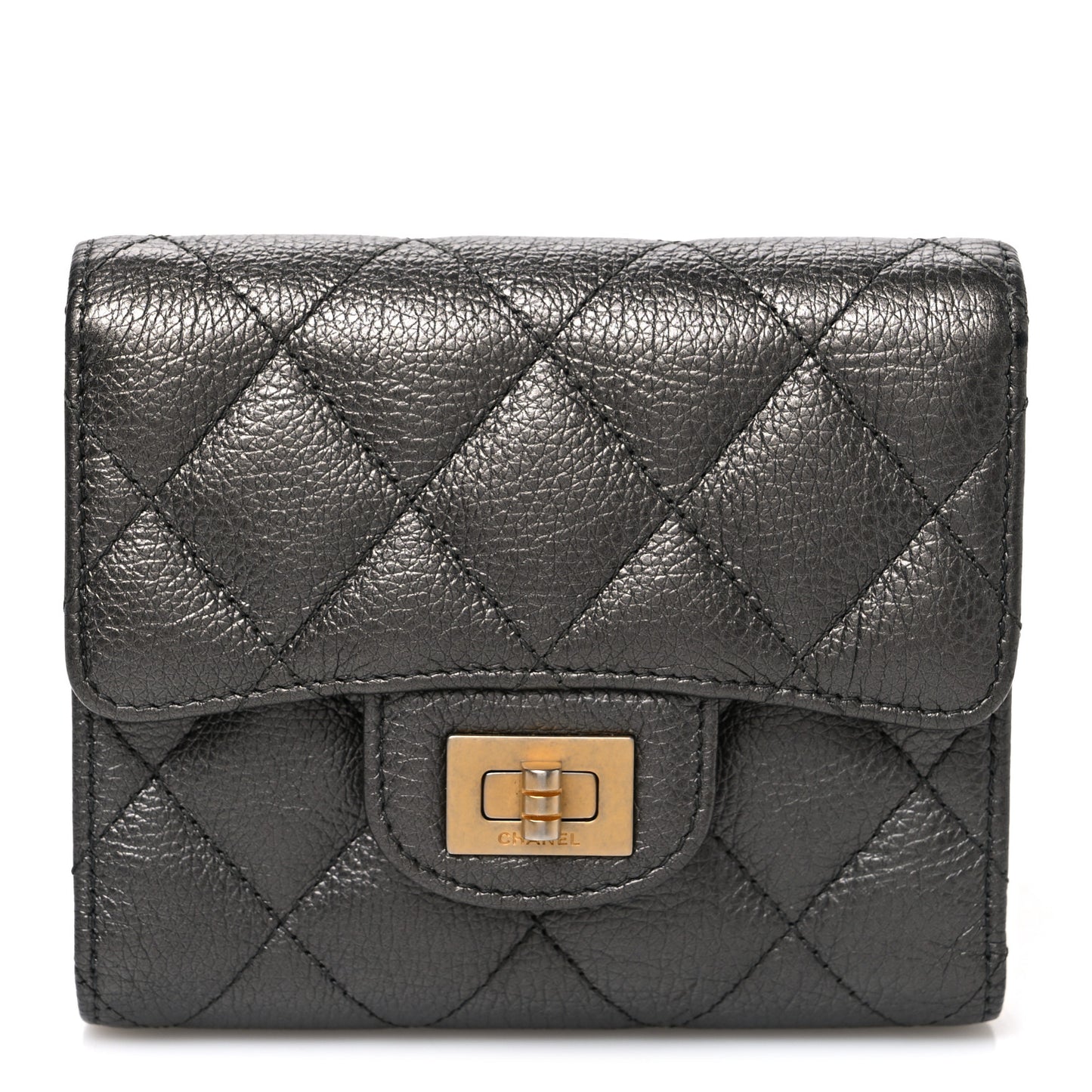 Metallic Calfskin Quilted Reissue Flap Card Holder Wallet Dark Grey