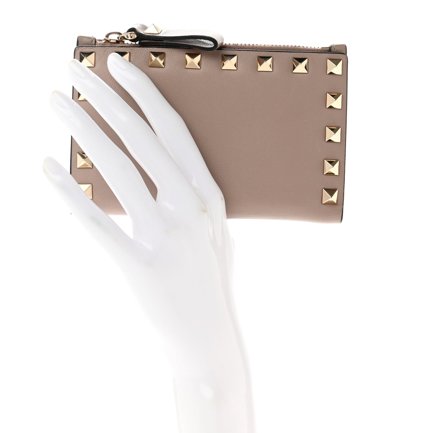 Calfskin Rockstud Card Holder with Zipper Poudre
