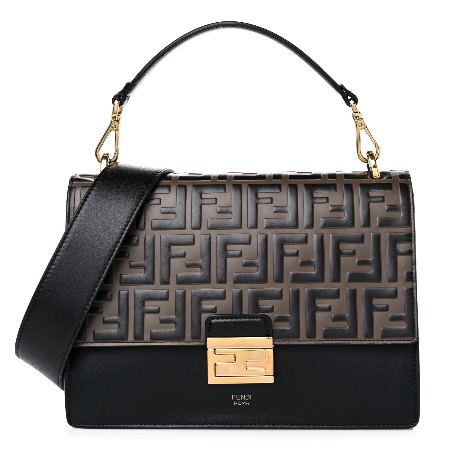 Fendi Vitello Liberty Bi-Color FF 1974 Embossed Chain Strap Kan U Shoulder Bag Black Maya 1 of 15