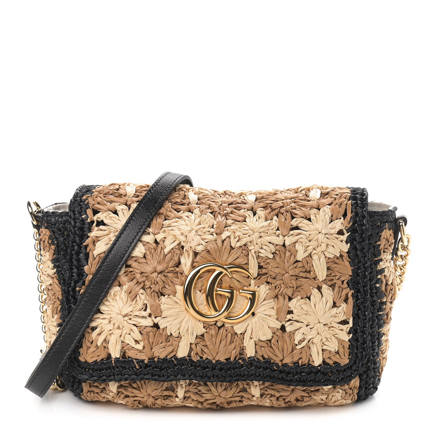 Raffia Azalea Calfskin Crochet Flower Small GG Marmont Shoulder Bag Natural Ecru Black