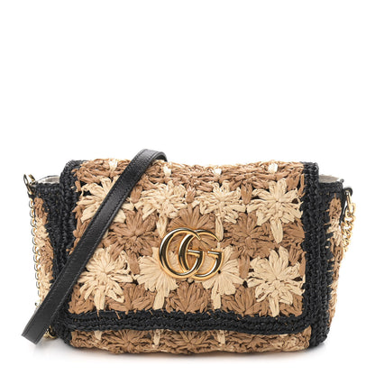Gucci Raffia Azalea Calfskin Crochet Flower Small GG Marmont Shoulder Bag Natural Ecru Black 1 of 9