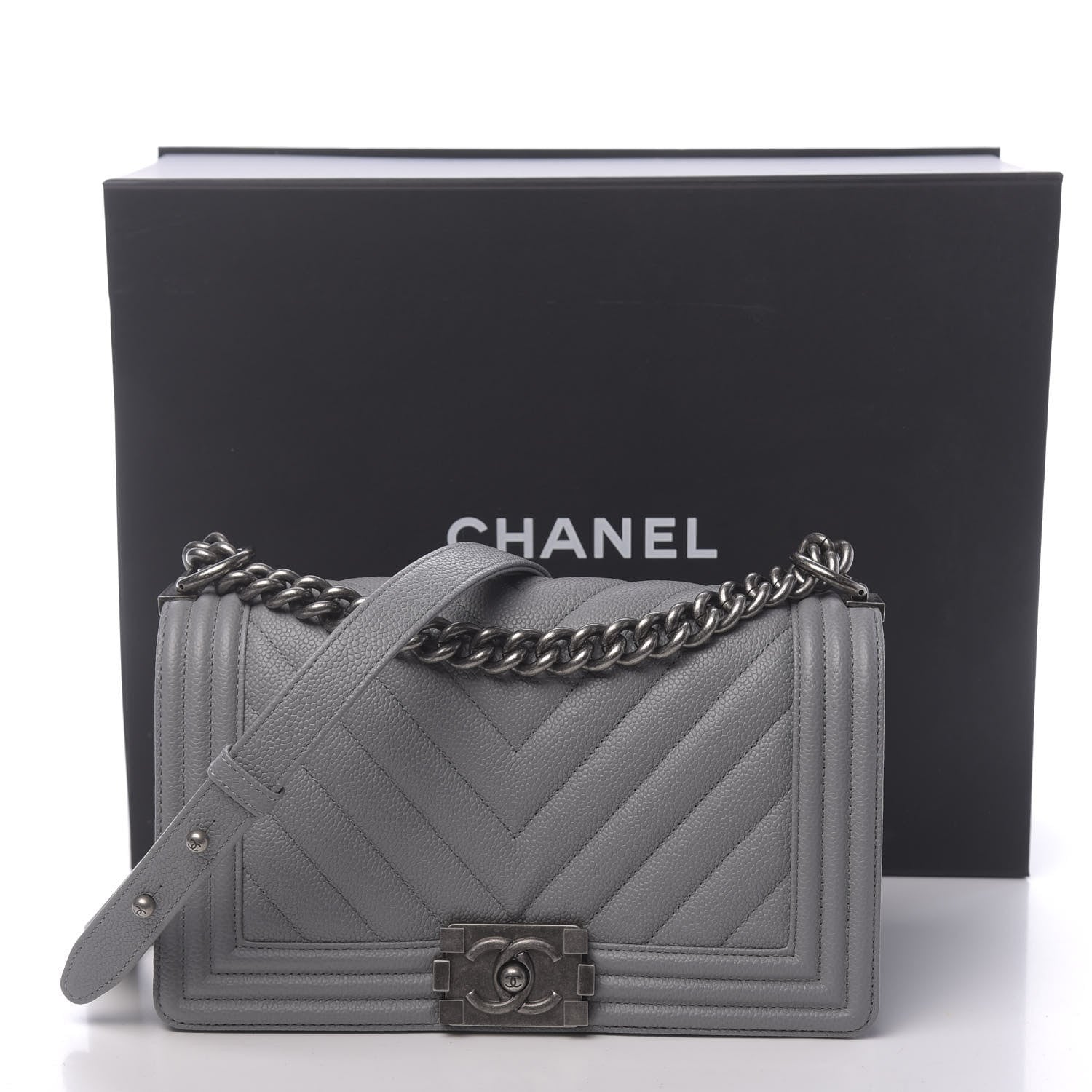 Chanel Caviar Chevron Quilted Medium Boy Flap Grey 11 of 11