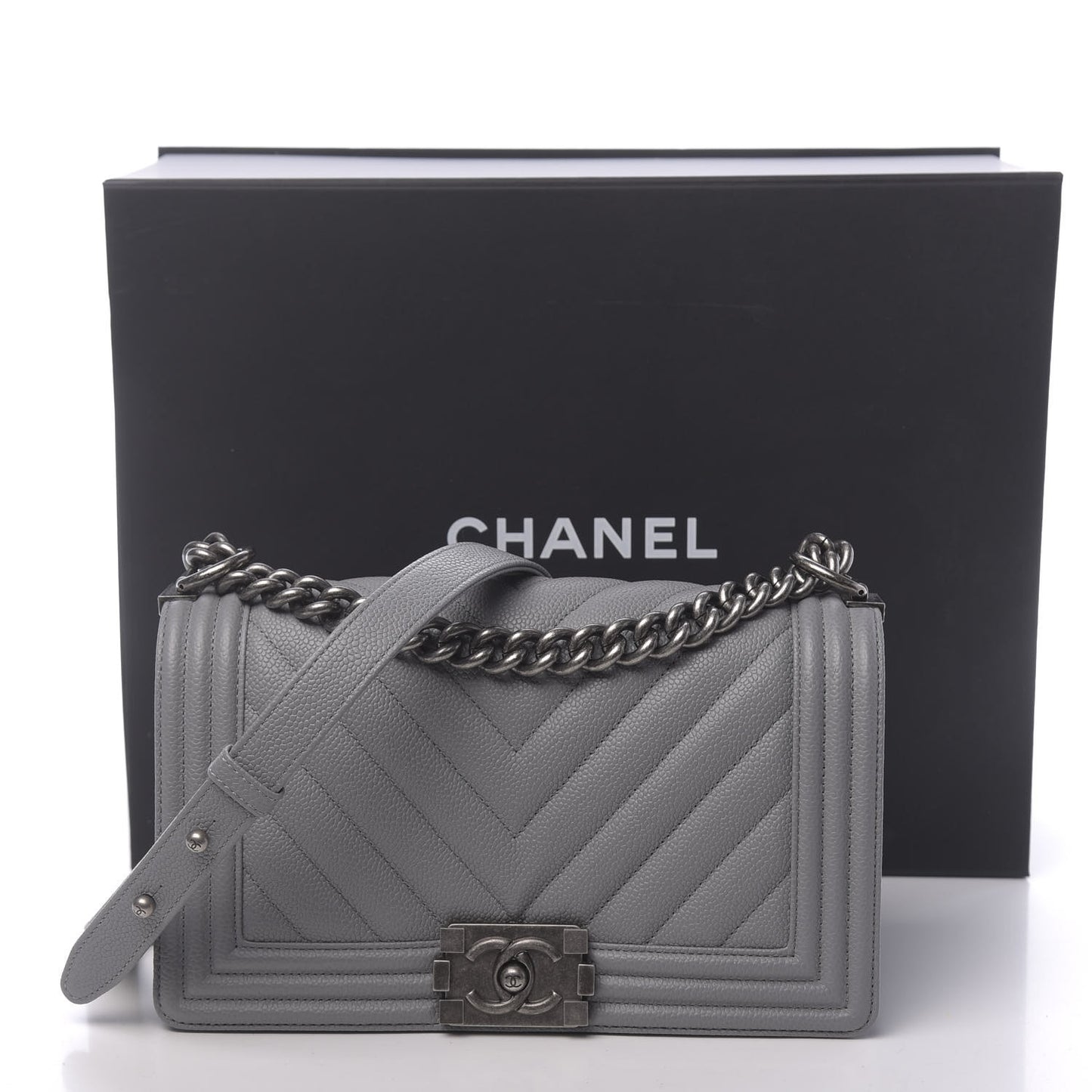 Caviar Chevron Quilted Medium Boy Flap Grey