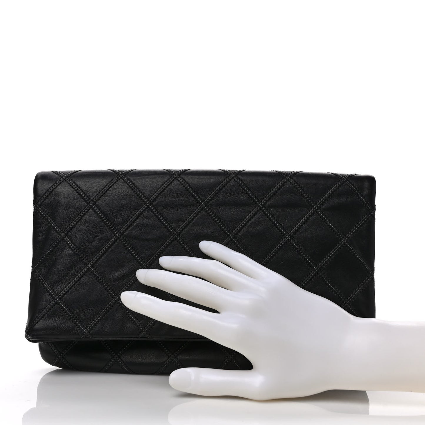 Lambskin Quilted Fold Over Clutch Black