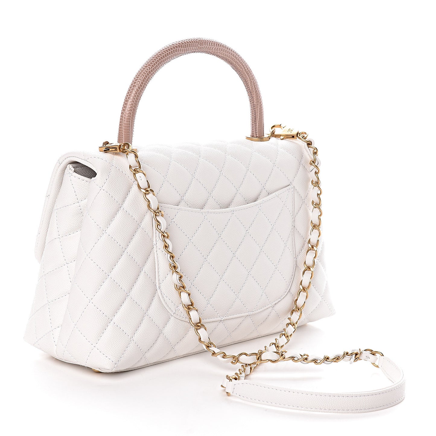 Caviar Lizard Quilted Small Coco Handle Flap White Beige