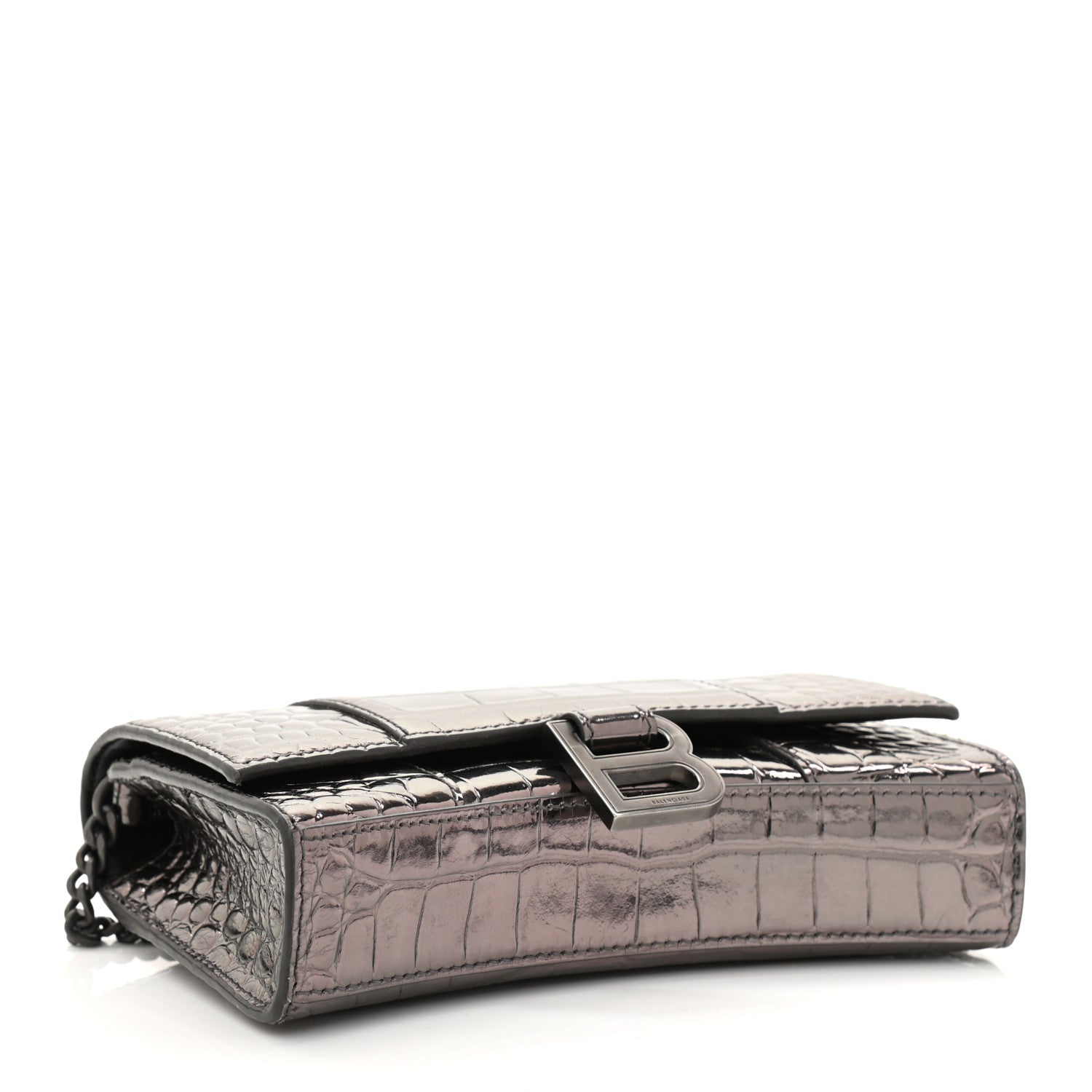 Balenciaga Shiny Calfskin Crocodile Embossed Hourglass Chain Bag Gunmetal 3 of 10