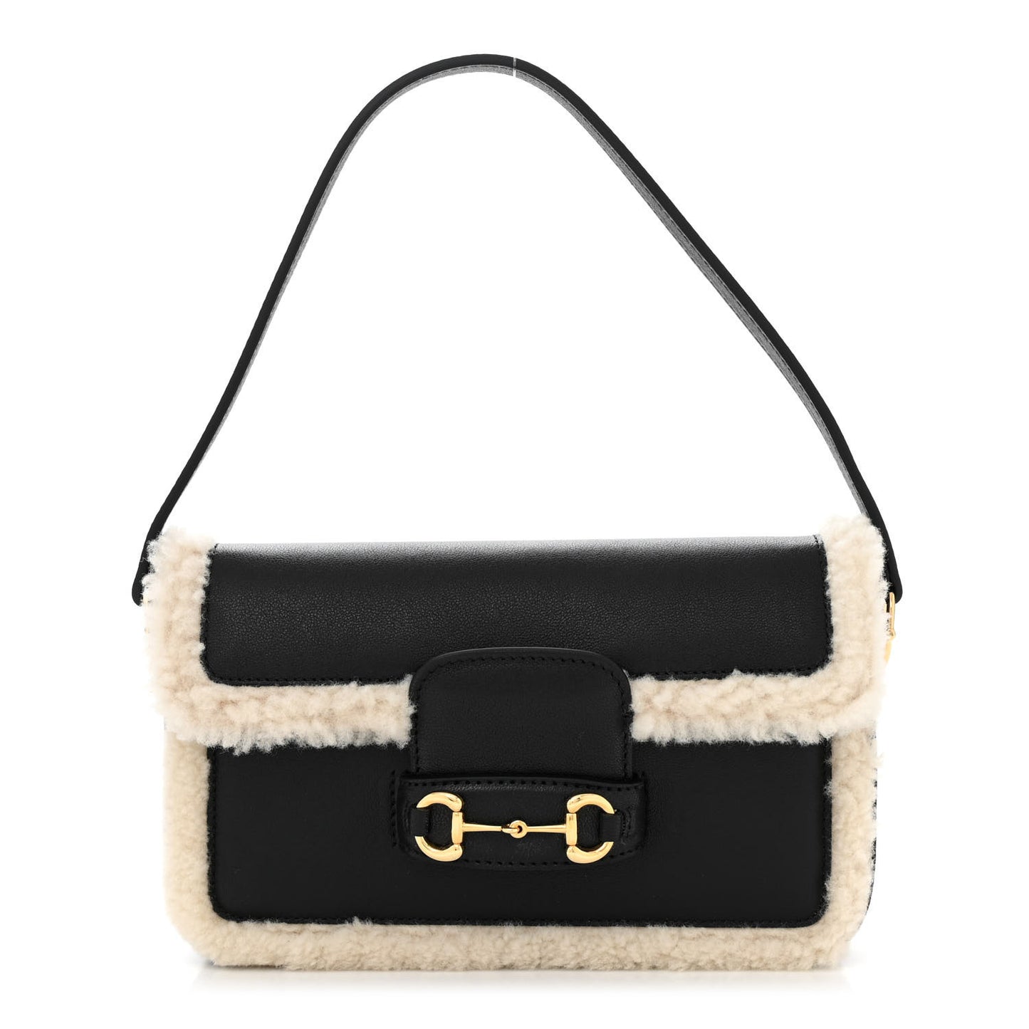 Sakai Be Green Calfskin Shearling Mini Horsebit 1955 Shoulder Bag Black