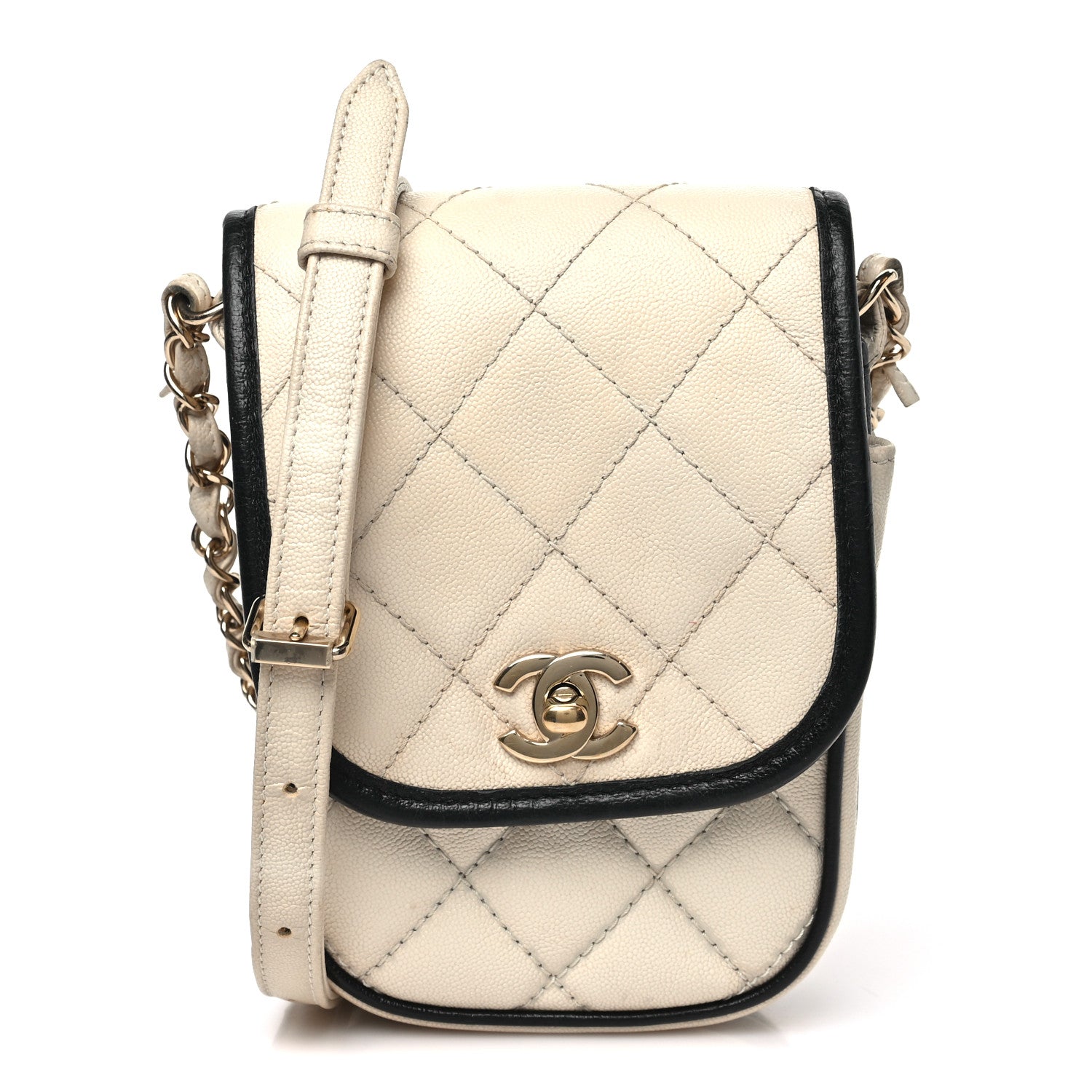 Chanel Caviar Quilted Round Phone Holder White Black 1 of 10
