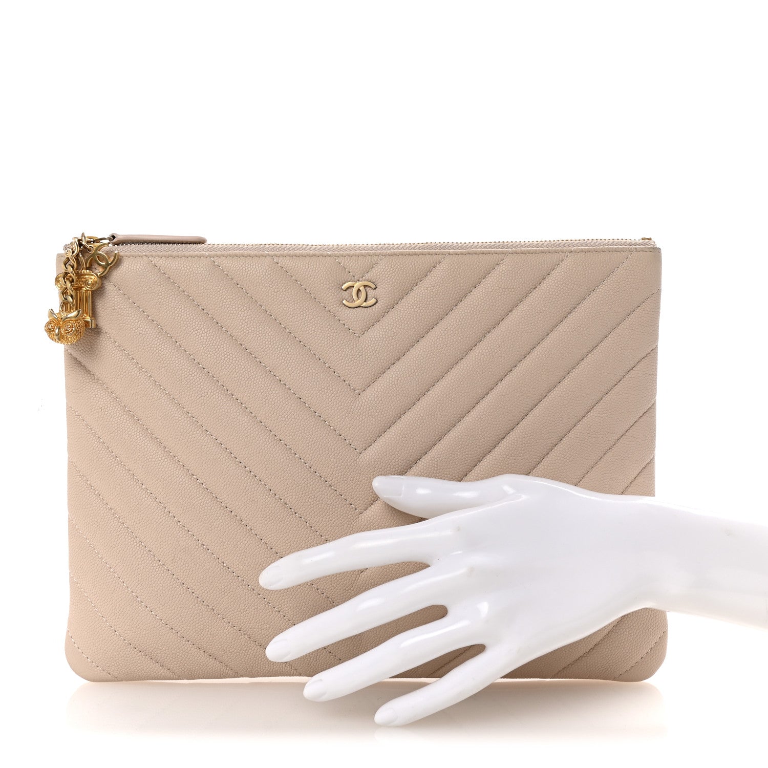 Chanel Caviar Chevron Quilted Medium Zip Pouch Light Beige 2 of 10