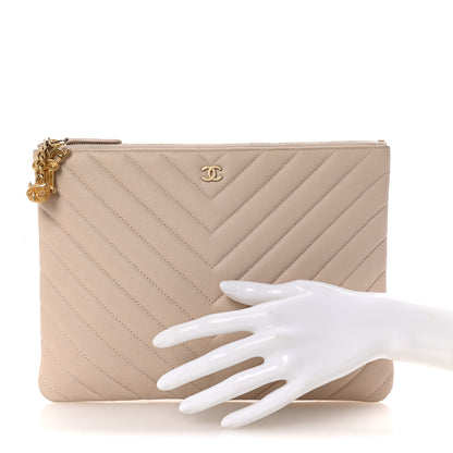 Chanel Caviar Chevron Quilted Medium Zip Pouch Light Beige 2 of 10