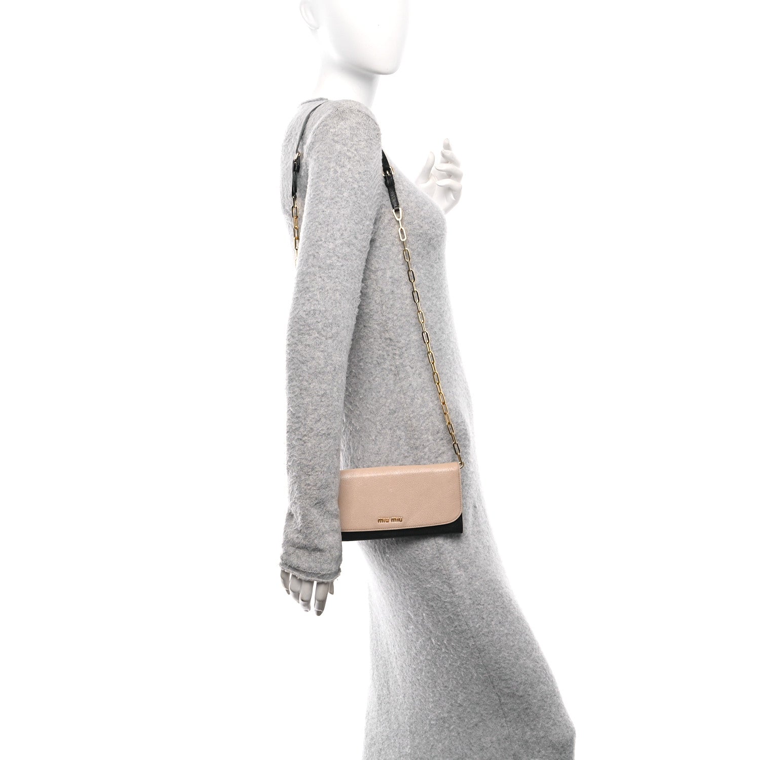 Miu Miu Goatskin Madras Bi-Color Wallet On Chain Beige Black 2 of 8