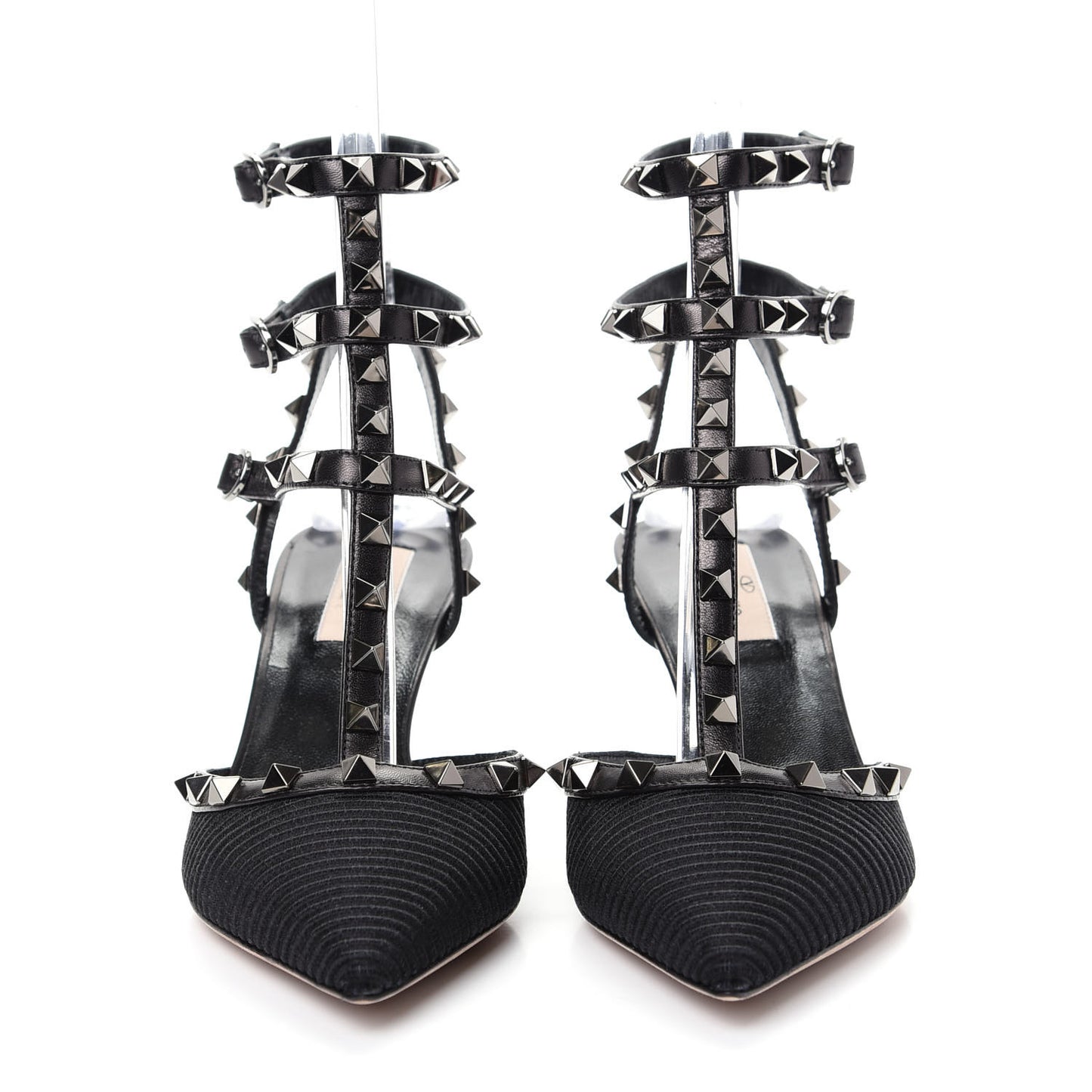 Ottoman Fabric Rockstud Ankle Strap Low Heel Pumps 38.5 Black
