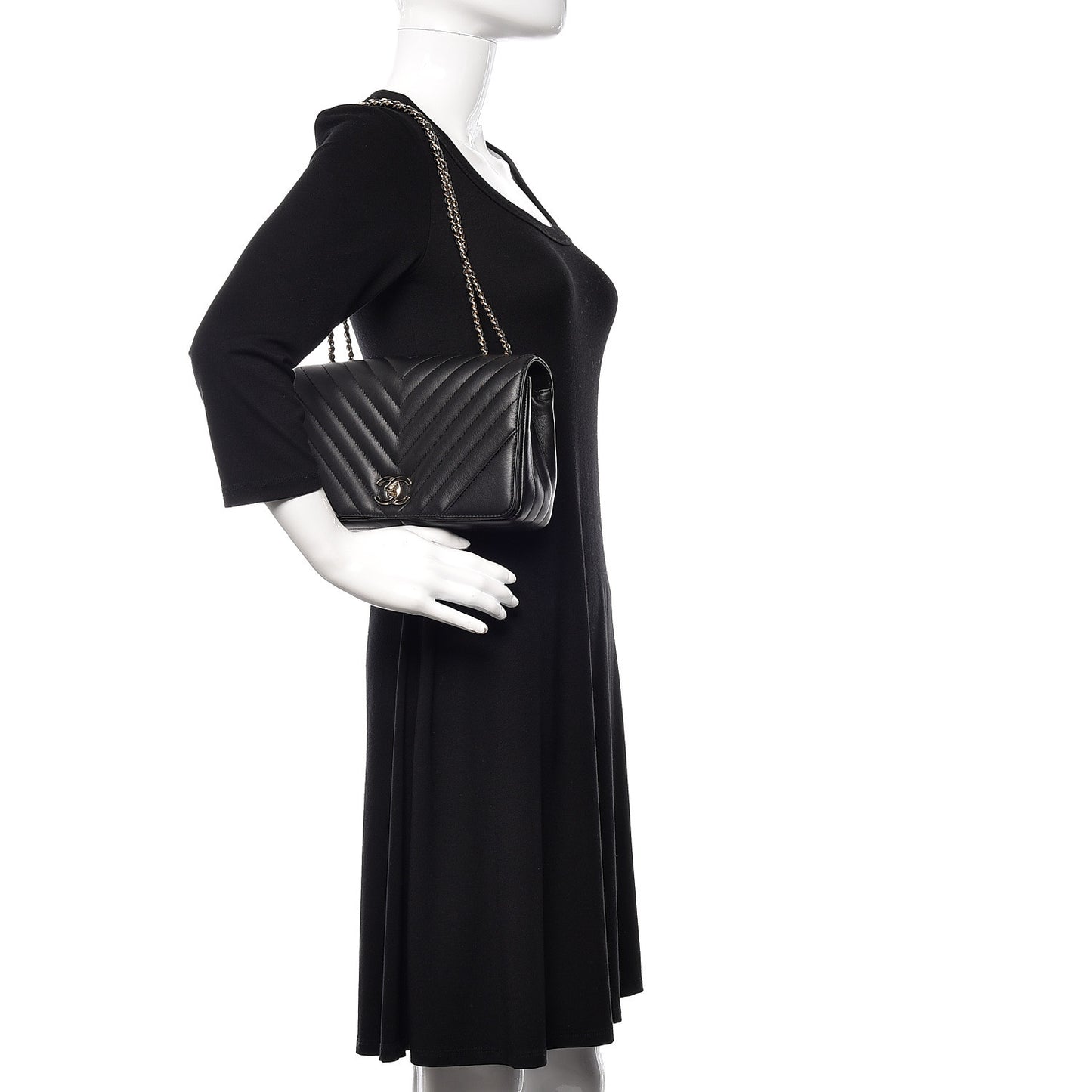 Calfskin Chevron Quilted Statement Flap Black