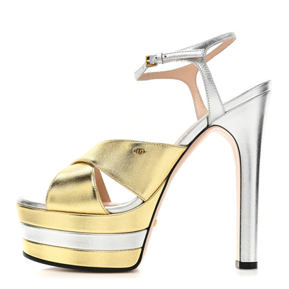 Gucci Metallic Nappa Double G 40/135mm Platform Sandals 39 Gold Silver 1 of 12