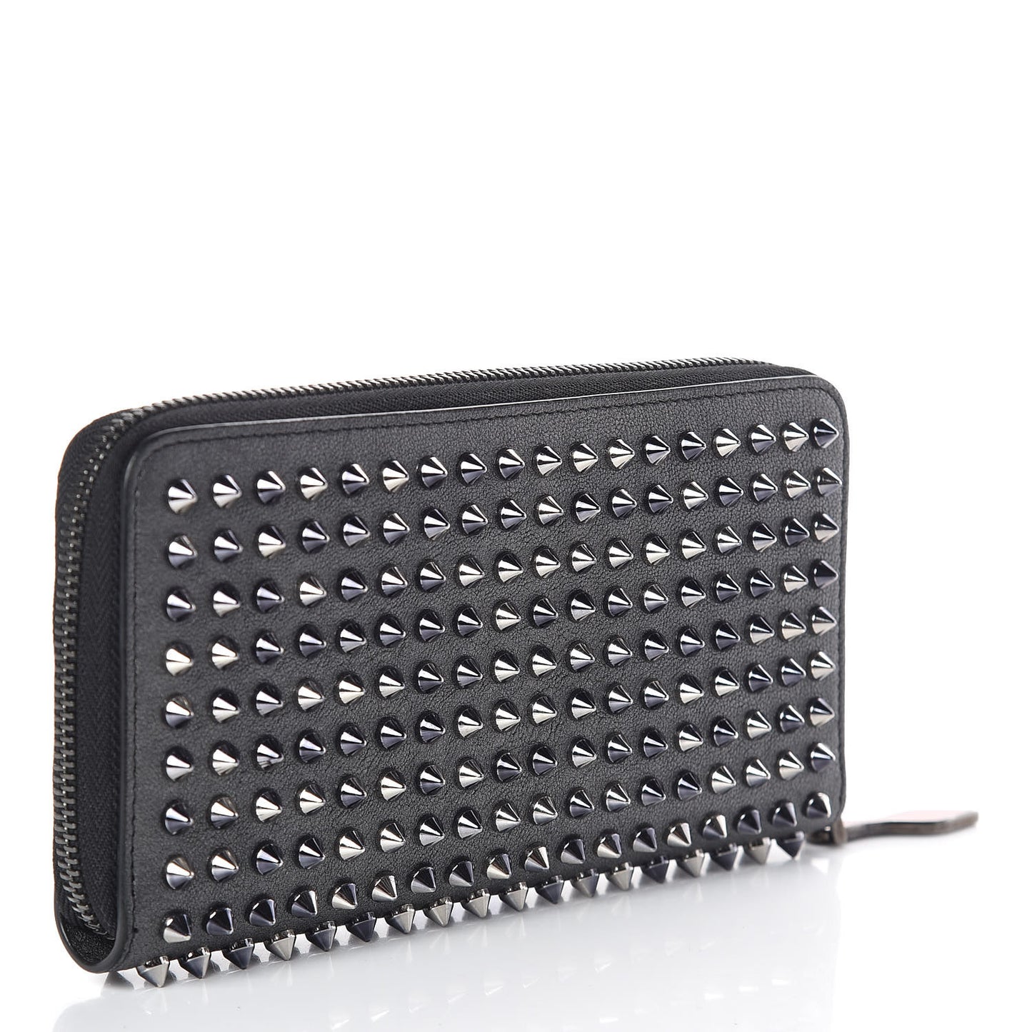 Metallic Calfskin Panettone Spiked Zip Around Wallet Anthracite Gun Metal