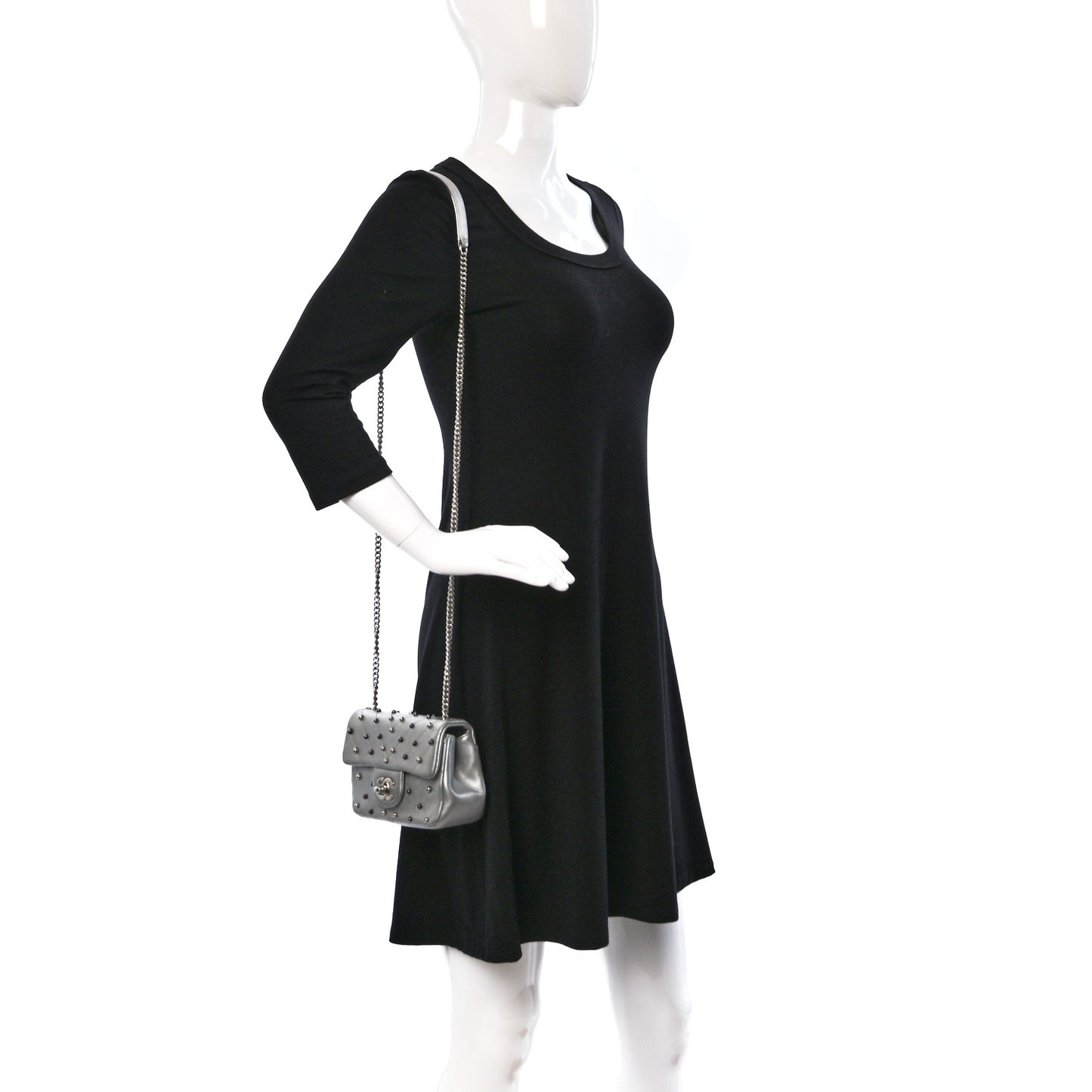 Metallic Lambskin Chevron Quilted Studded Extra Mini Flap Silver