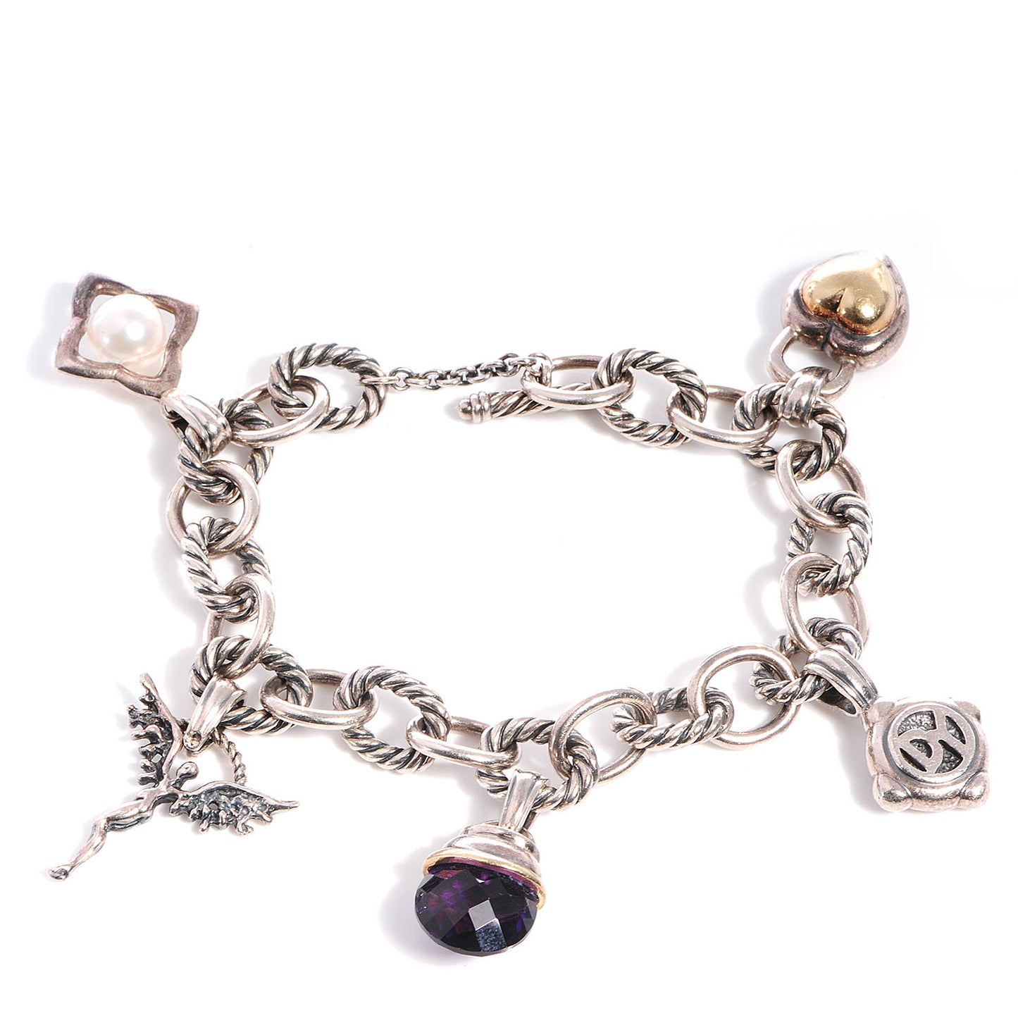 18k Gold and Sterling Silver Amethyst Charm Bracelet