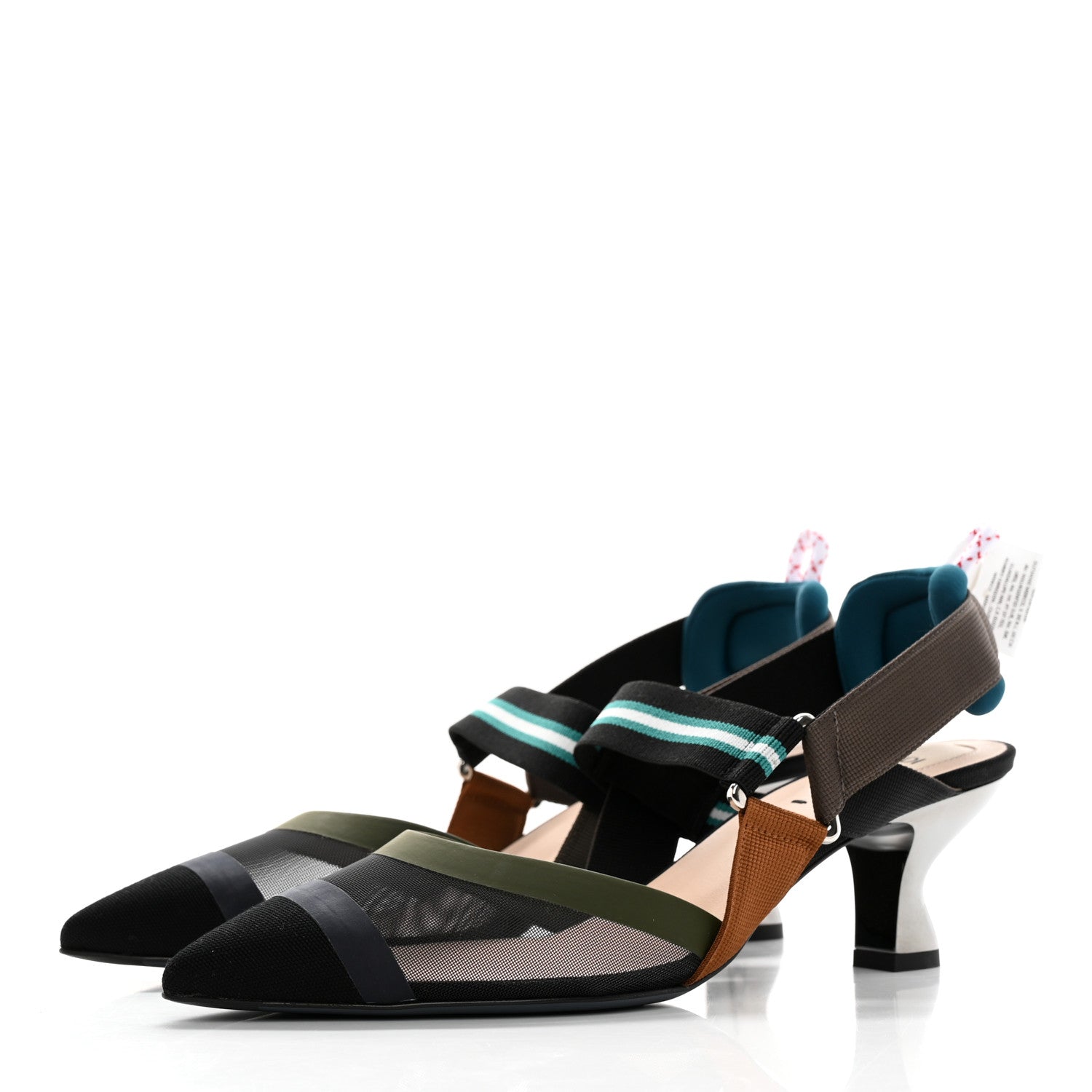 Fendi Technical Mesh Colibri 55mm Slingback Pumps 39 Black Verde Military 3 of 12
