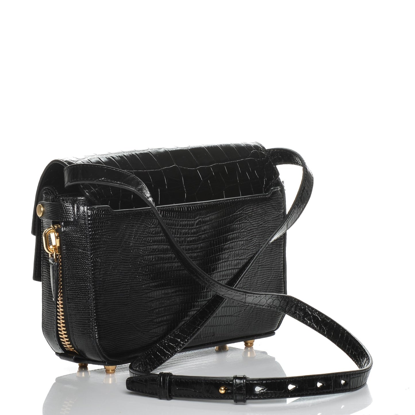 Crocodile Embossed Patent Calfskin Tri-Fold Shoulder Bag Black