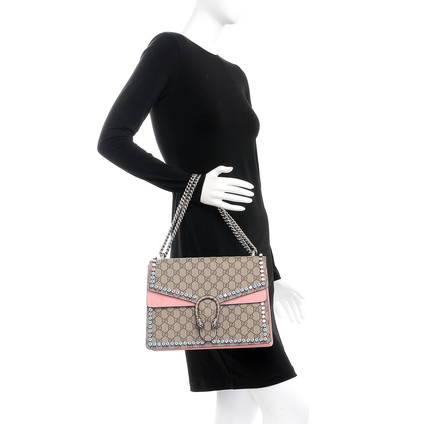 GG Supreme Monogram Suede Crystal Medium Dionysus Shoulder Bag Beige Ebony Light Peonia