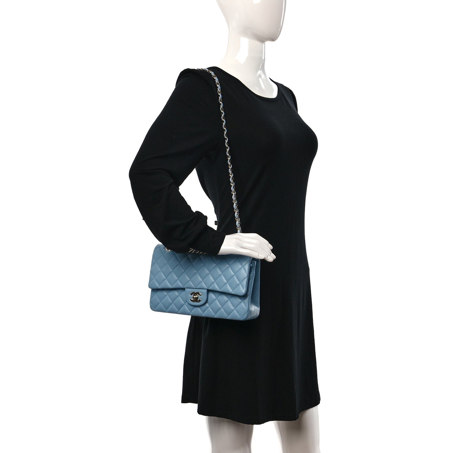 Caviar Quilted Medium Double Flap Light Blue