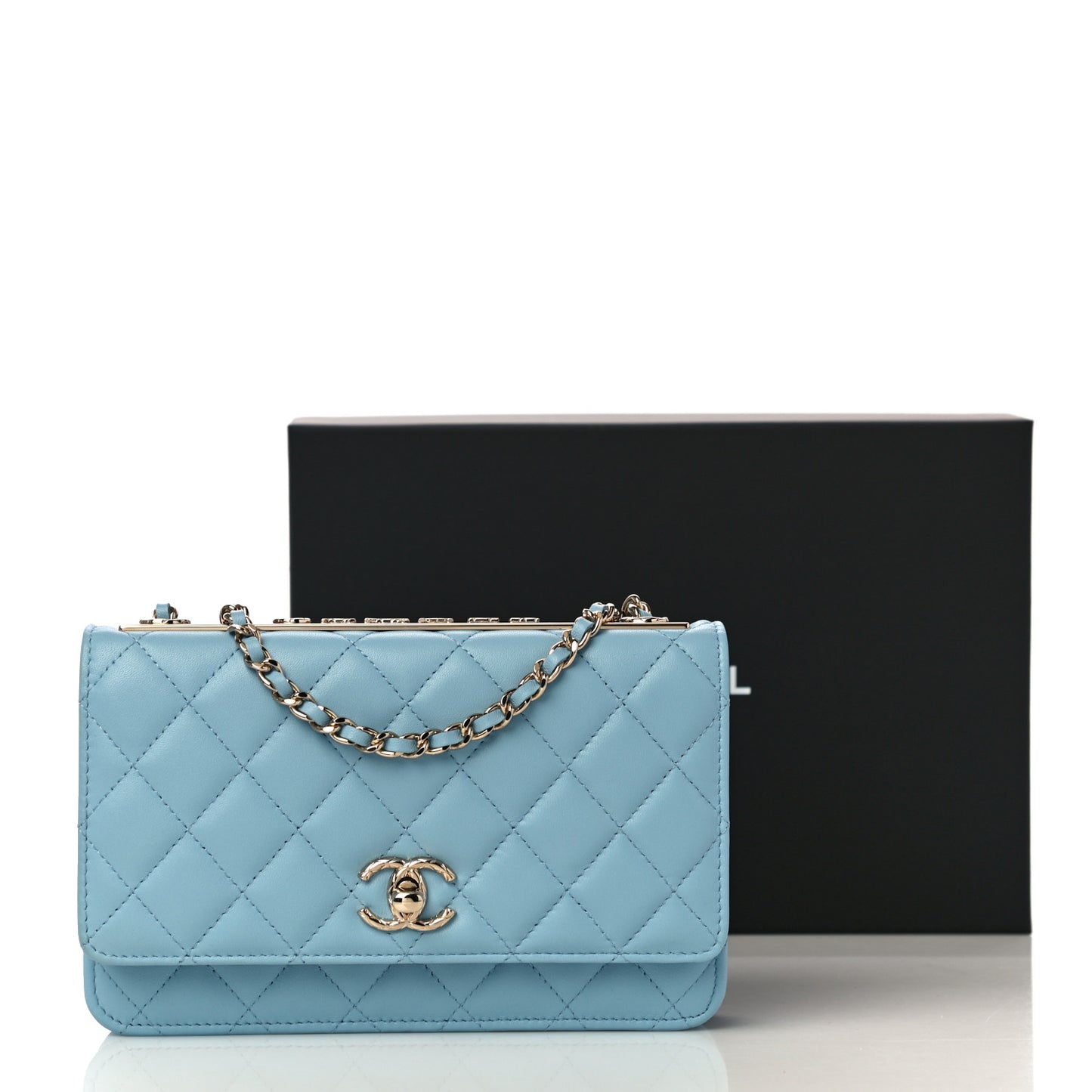 Lambskin Quilted Trendy CC Wallet On Chain WOC Light Blue