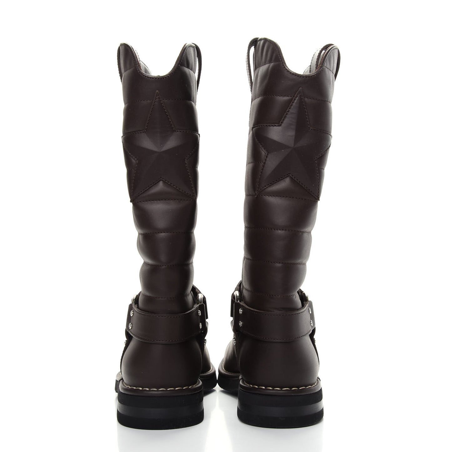 Calfskin Star Quilted Biker Boots 39.5 Brown