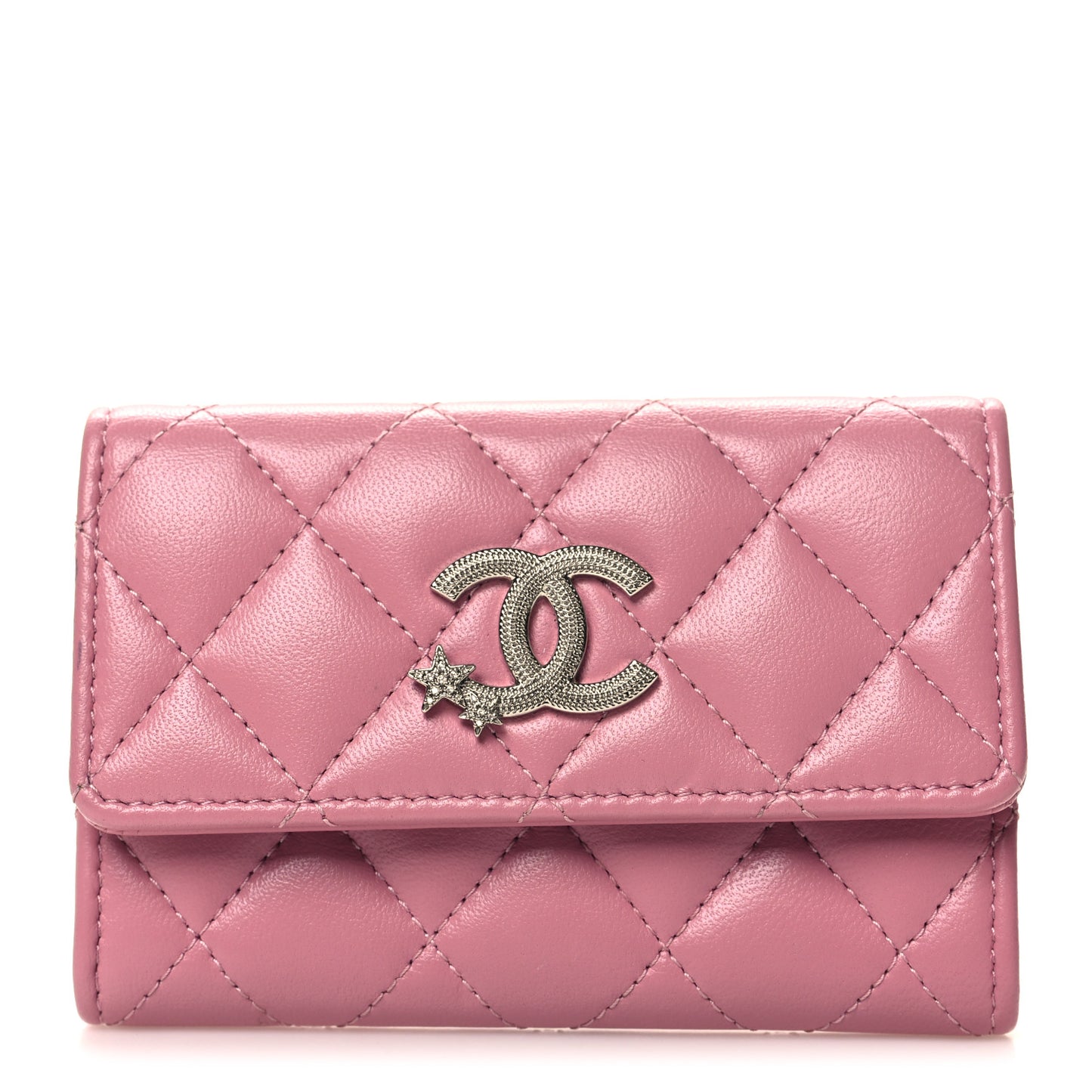 Lambskin Quilted Flap Crystal Star Card Holder Wallet Pink