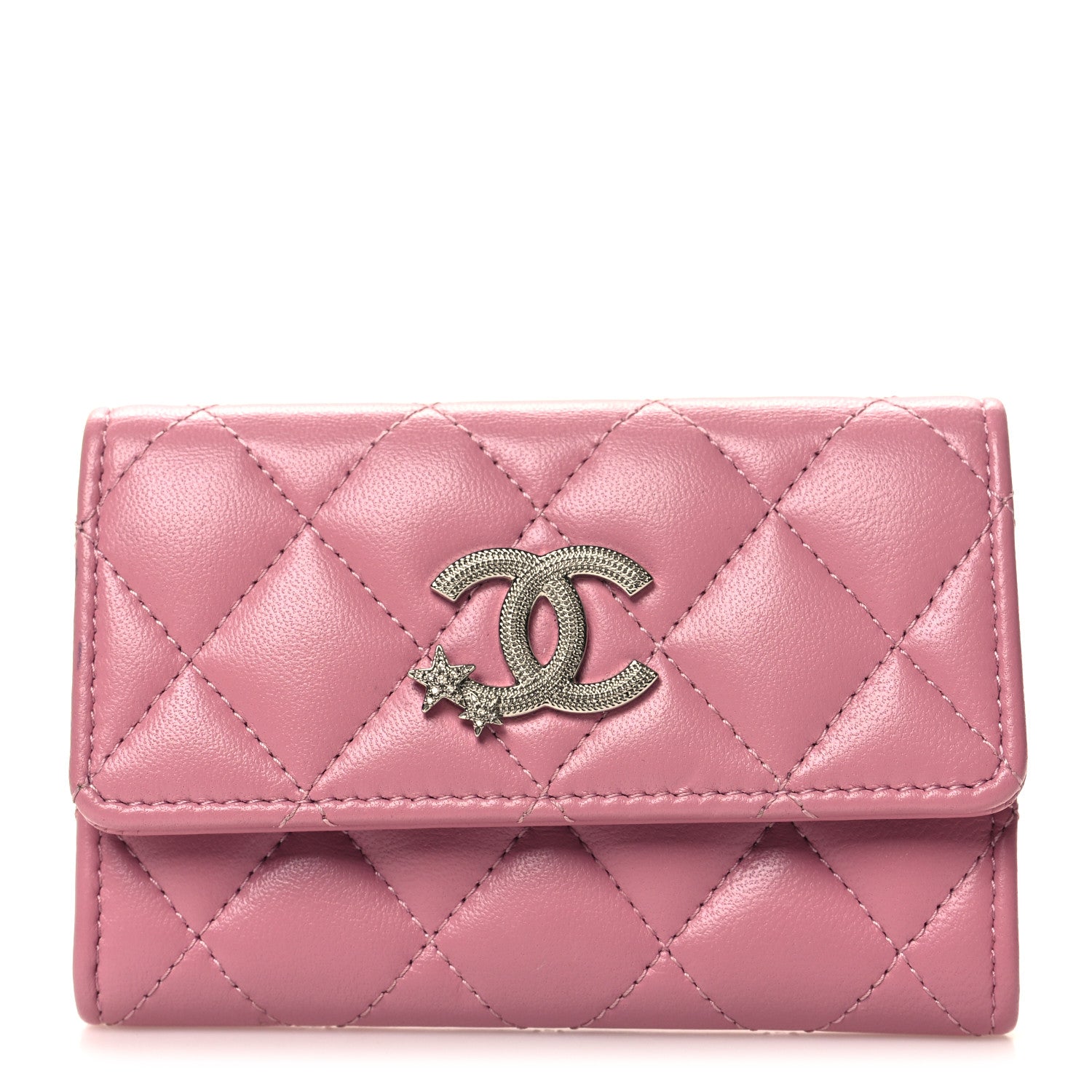 Chanel Lambskin Quilted Flap Crystal Star Card Holder Wallet Pink 1 of 9