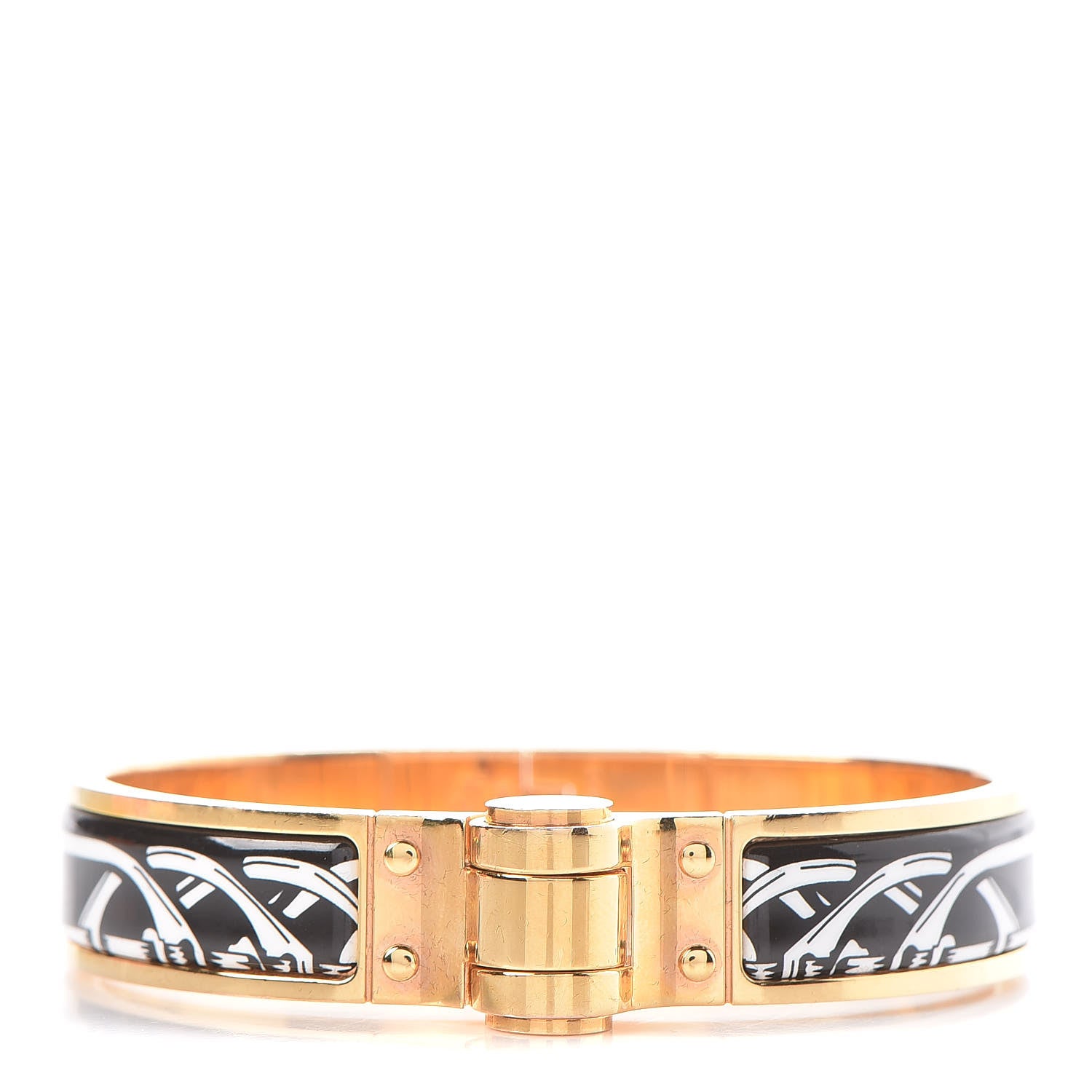 Hermes Enamel Printed Narrow Balades Equestres Positif Negatif Hinged Bracelet S Black 1 of 4