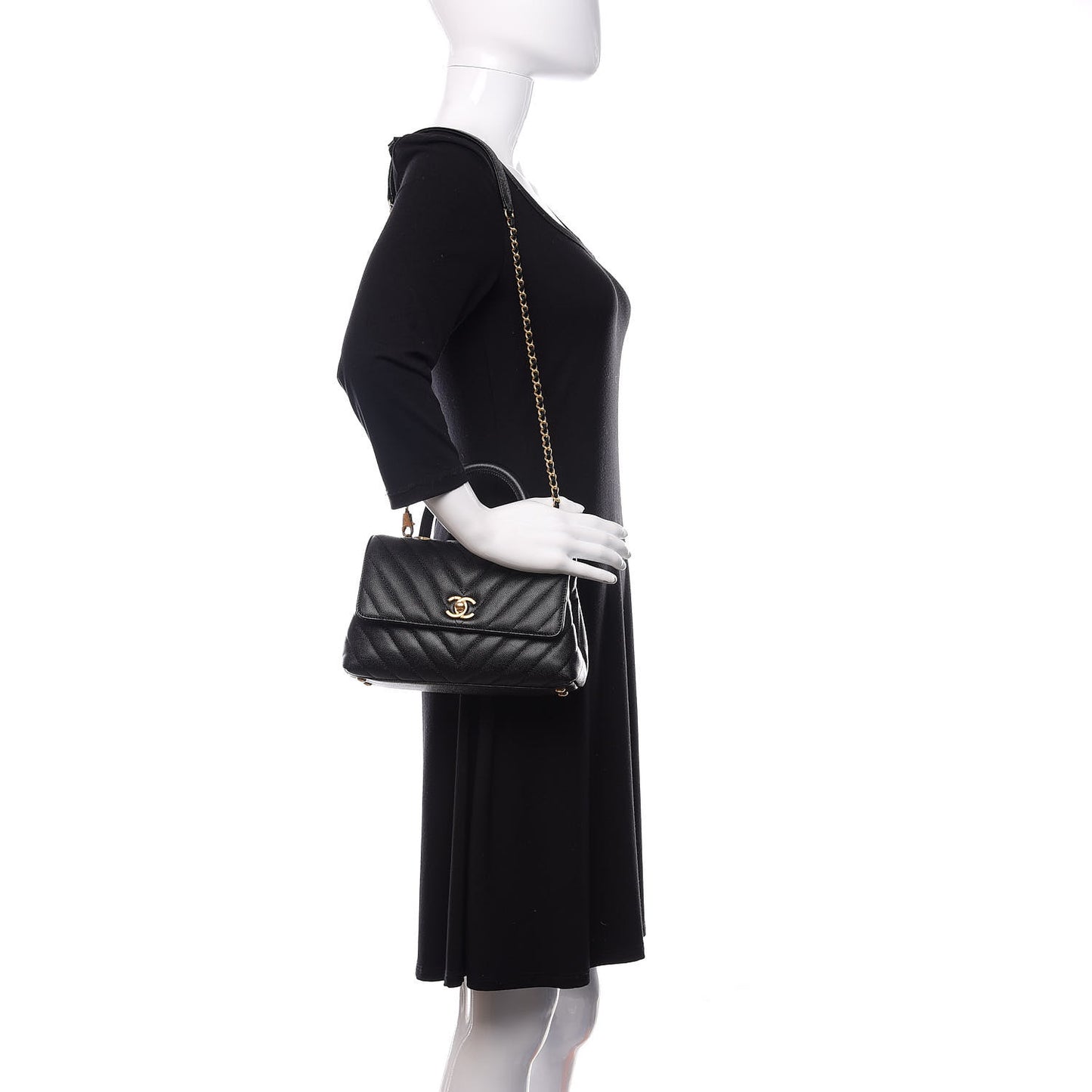 Caviar Chevron Quilted Mini Coco Handle Flap Black