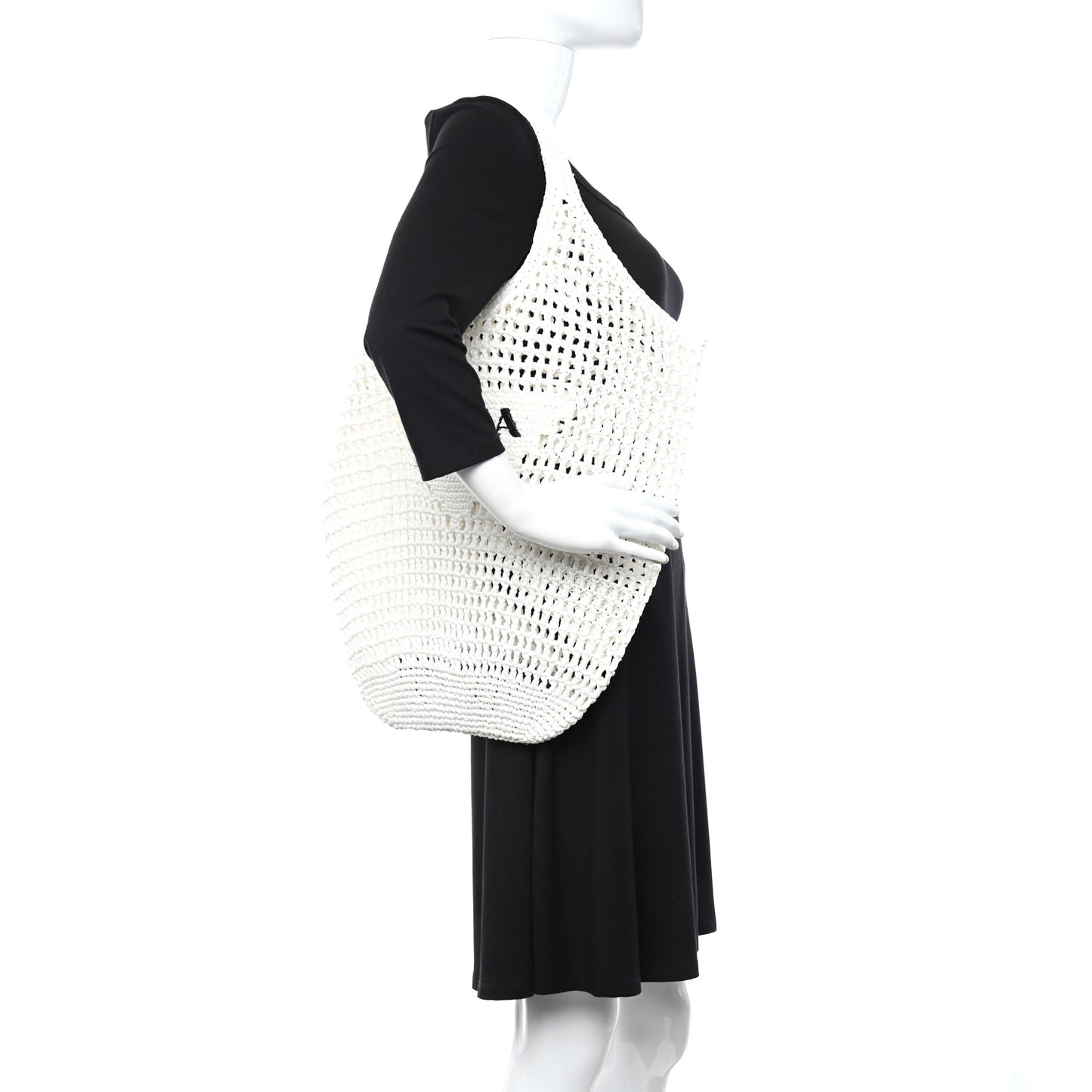 Yarn Raffia Effect Crochet Logo Embroidered Shopping Tote Bag White