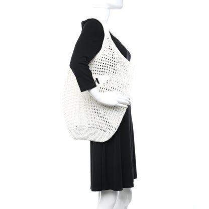 Prada Yarn Raffia Effect Crochet Logo Embroidered Shopping Tote Bag White 2 of 10
