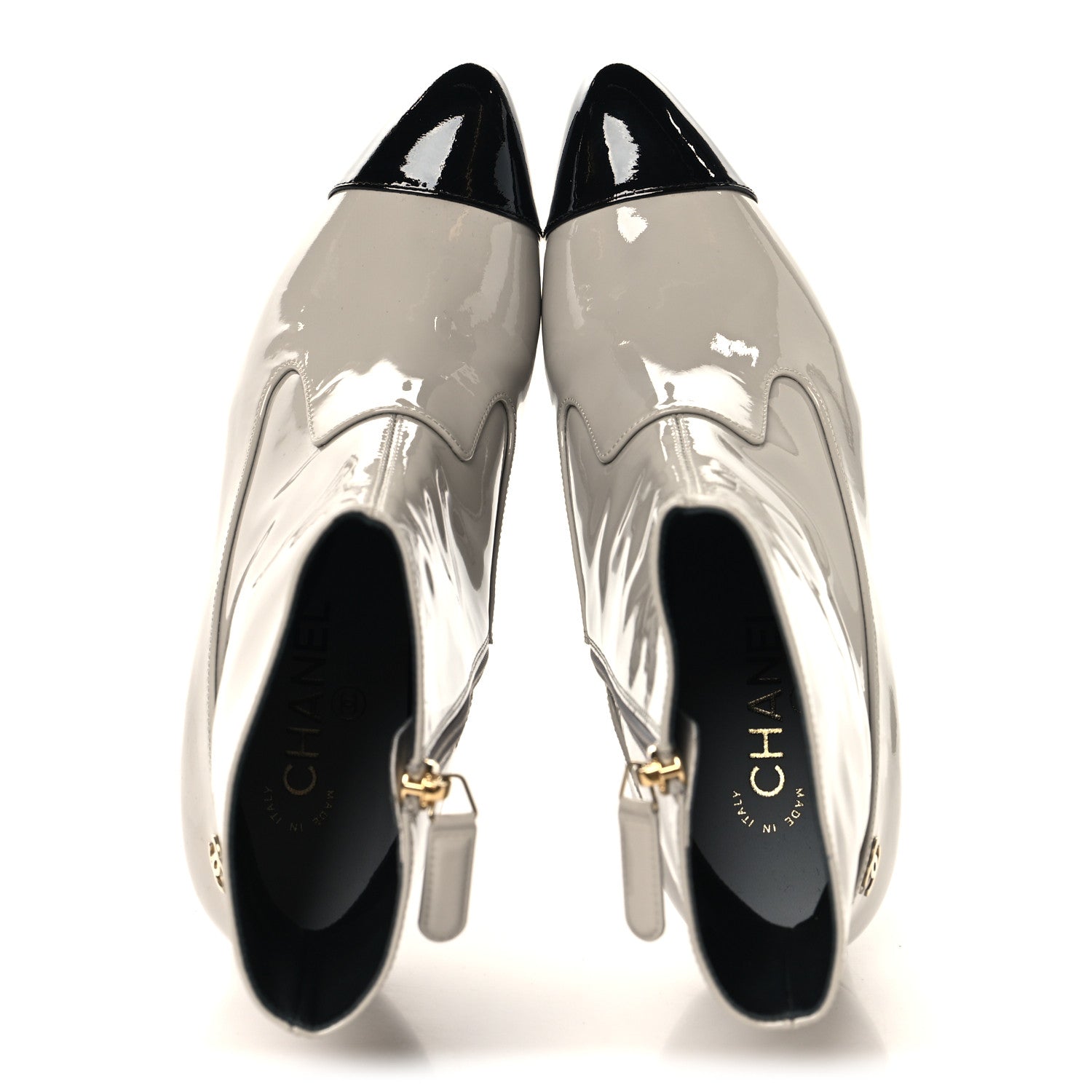 Chanel Patent Calfskin Ankle Boots 38.5 Light Gray Black 2 of 10