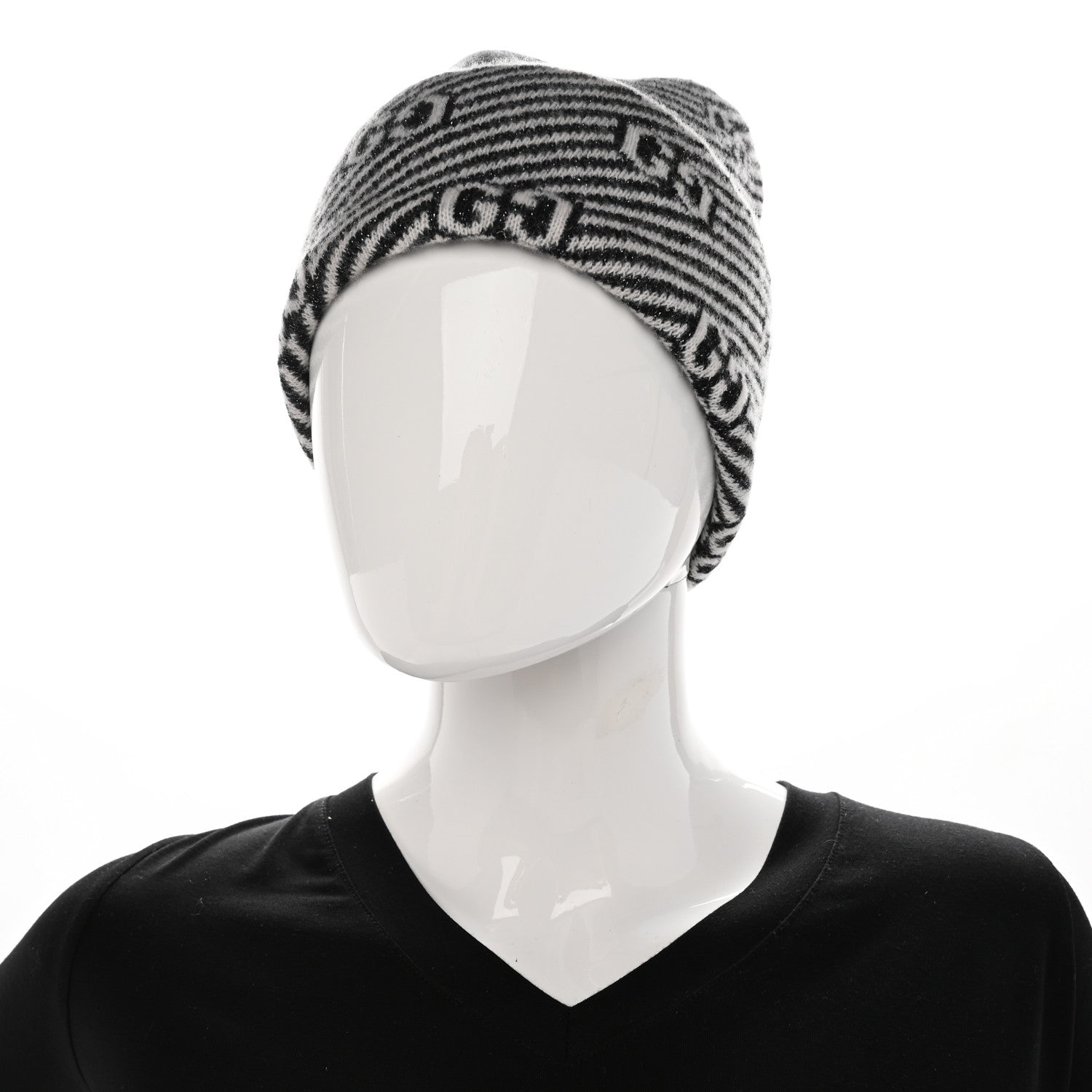 Gucci Wool GG Monogram Diagogy Beanie Hat S Black Ivory 2 of 5