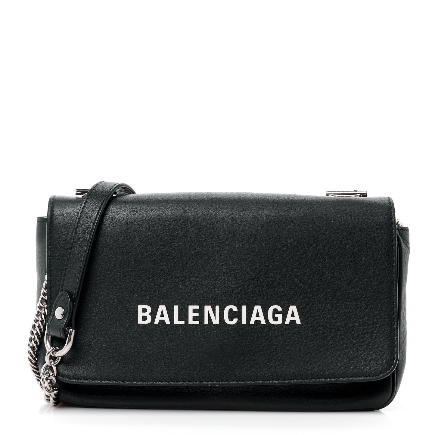 Pebbled Calfskin Logo Everyday Flap Chain Wallet Black